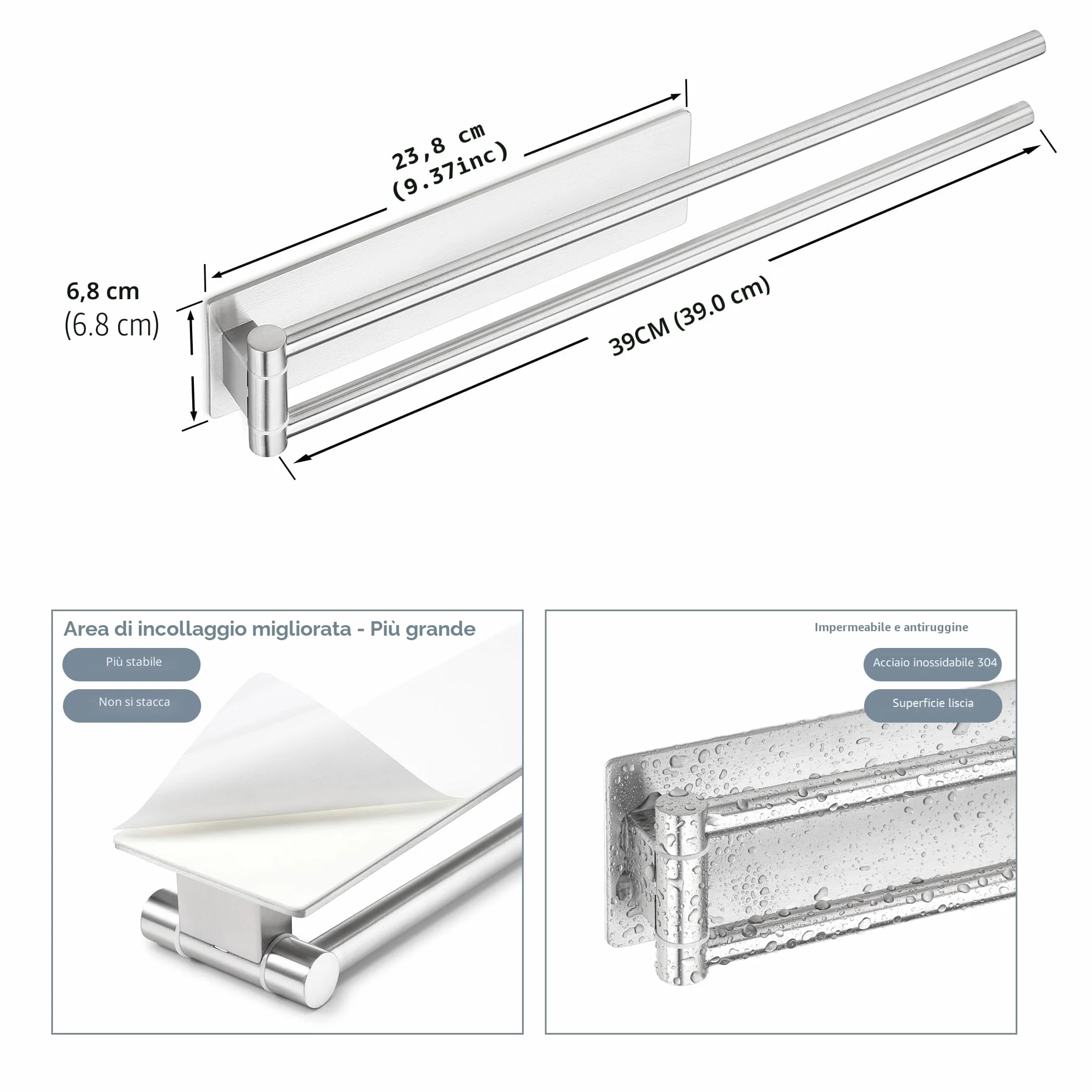 Porta Asciugamani Bagno Adesivo Argento Girevole 180° Acciaio Inox 304 Senza Foratura