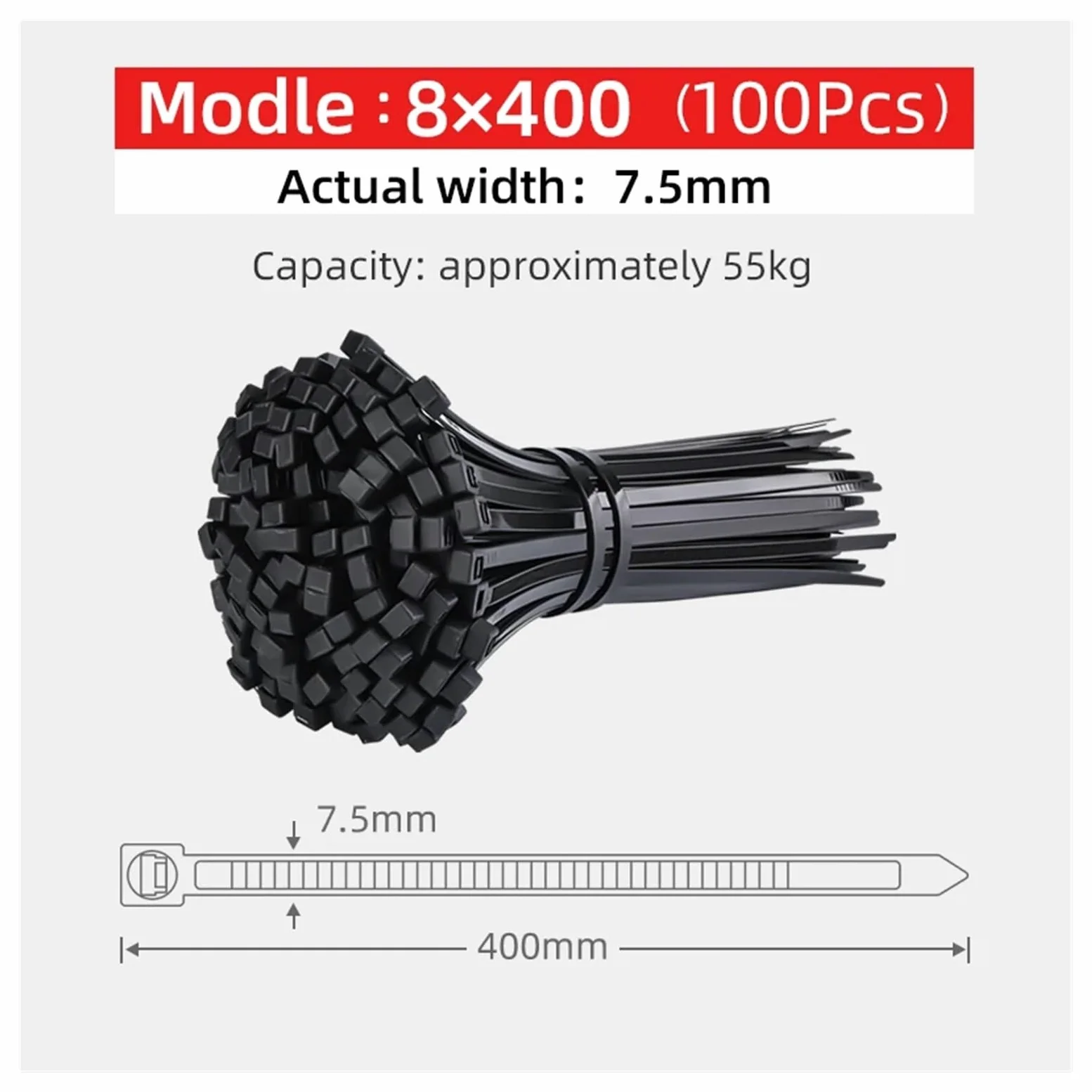 Fascette in nylon for cavi, fili in plastica, cinghia fissa, bianco/nero, autobloccanti, resistenti alla trazione(8x400 Black)