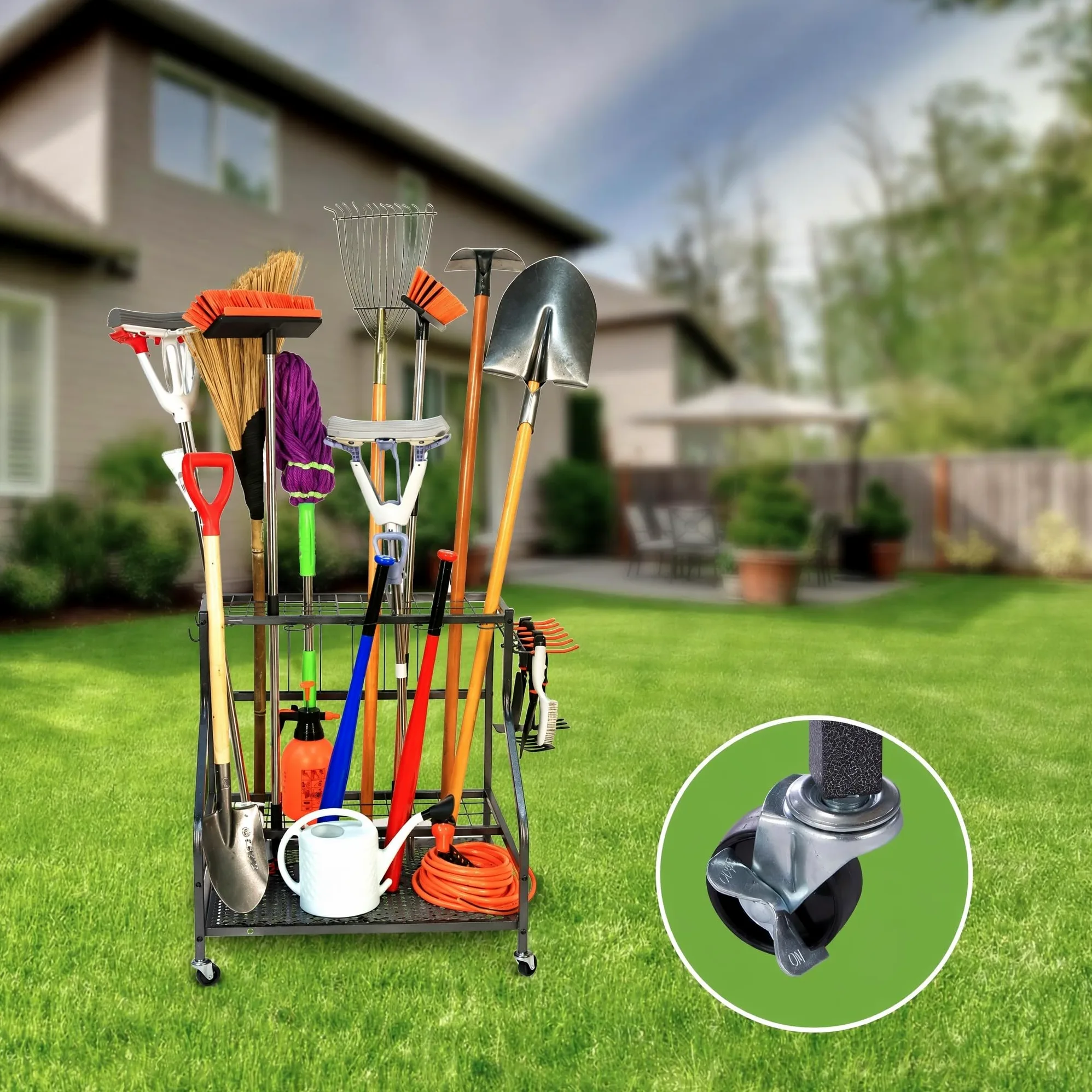 Sinoer Scaffale per attrezzi da giardino con ganci e ruote, organizer per garage, ripiani in metallo a 3 livelli, supporto per prato, capannone e cortile