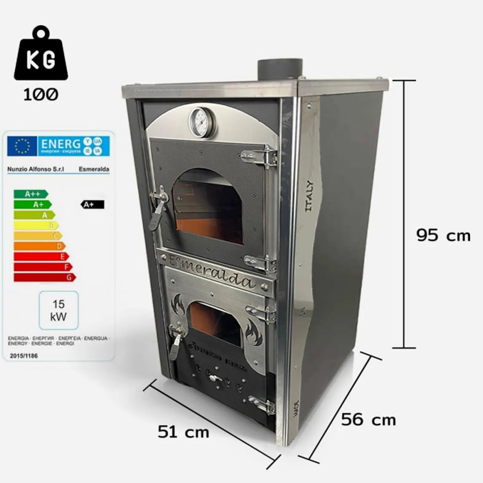 Alfonso Forni Stufa A Legna Con Forno-Esmeralda-Potenza Riscaldamento 15Kw,A Legna Economica In Acciaio Verniciato Antracite,Da Interno Con Forno In Mattoni Refrattari,Ideale Per Cucina,Made In Italy