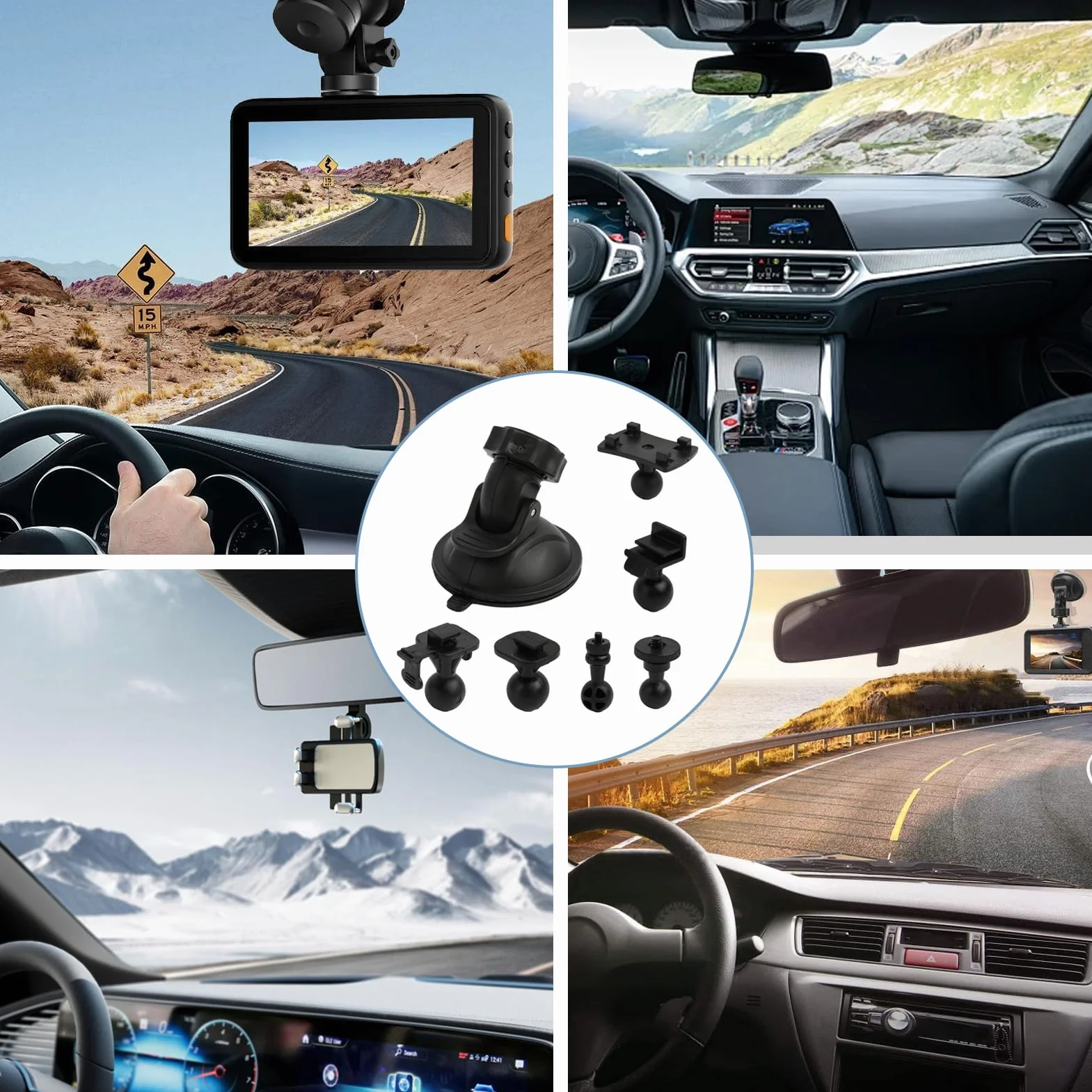 Supporto da Auto con Ventosa per Cruscotto e Parabrezza, Compatibile con Dash Cam, GPS e Action Camera, con Adattatore a 6 Tipologie e Rotazione a 360 Gradi, Buona stabilità Visione Grandangolare