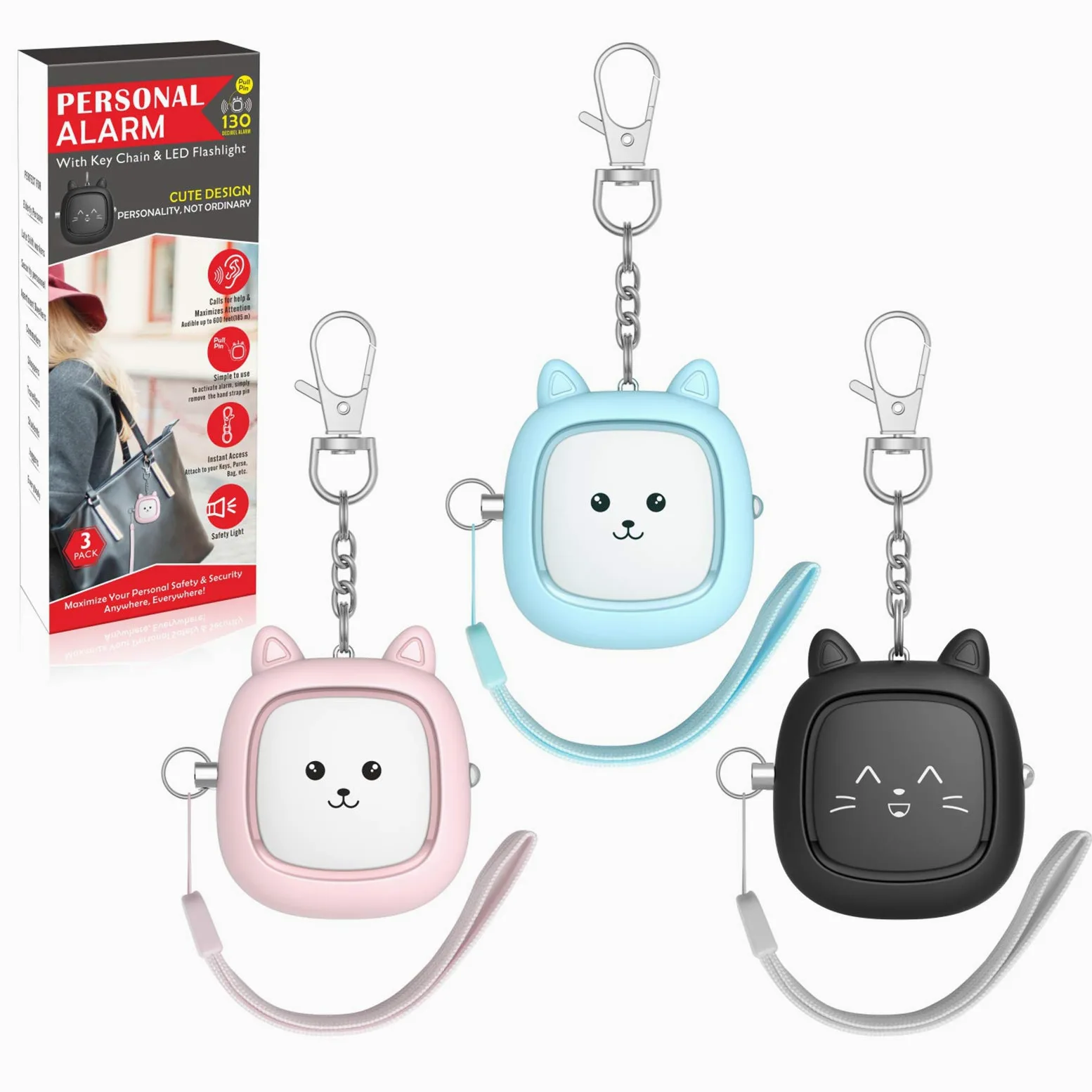 Allarme personale con suono sicuro, 130 dB, allarme di sicurezza, allarme di sicurezza con luce LED, sirena di sicurezza personale per donne, uomini, bambini, anziani, blu/rosa/nero.