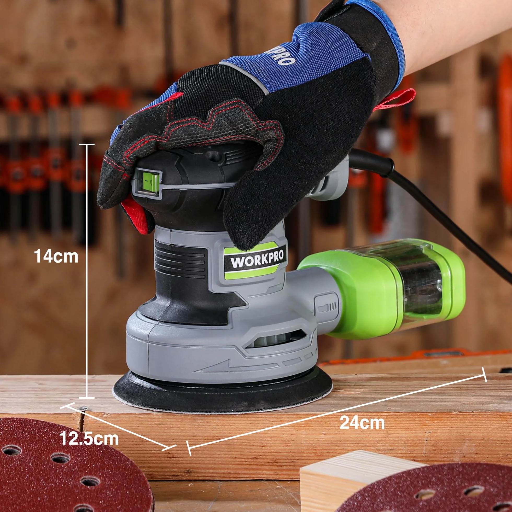 WORKPRO Orbitale 125mm, Rotorbitale 300W 7000-13000 OPM, Eccentrica con Aspirazione e Contenitore Polvere, 20 Pezzi Carta Abrasiva