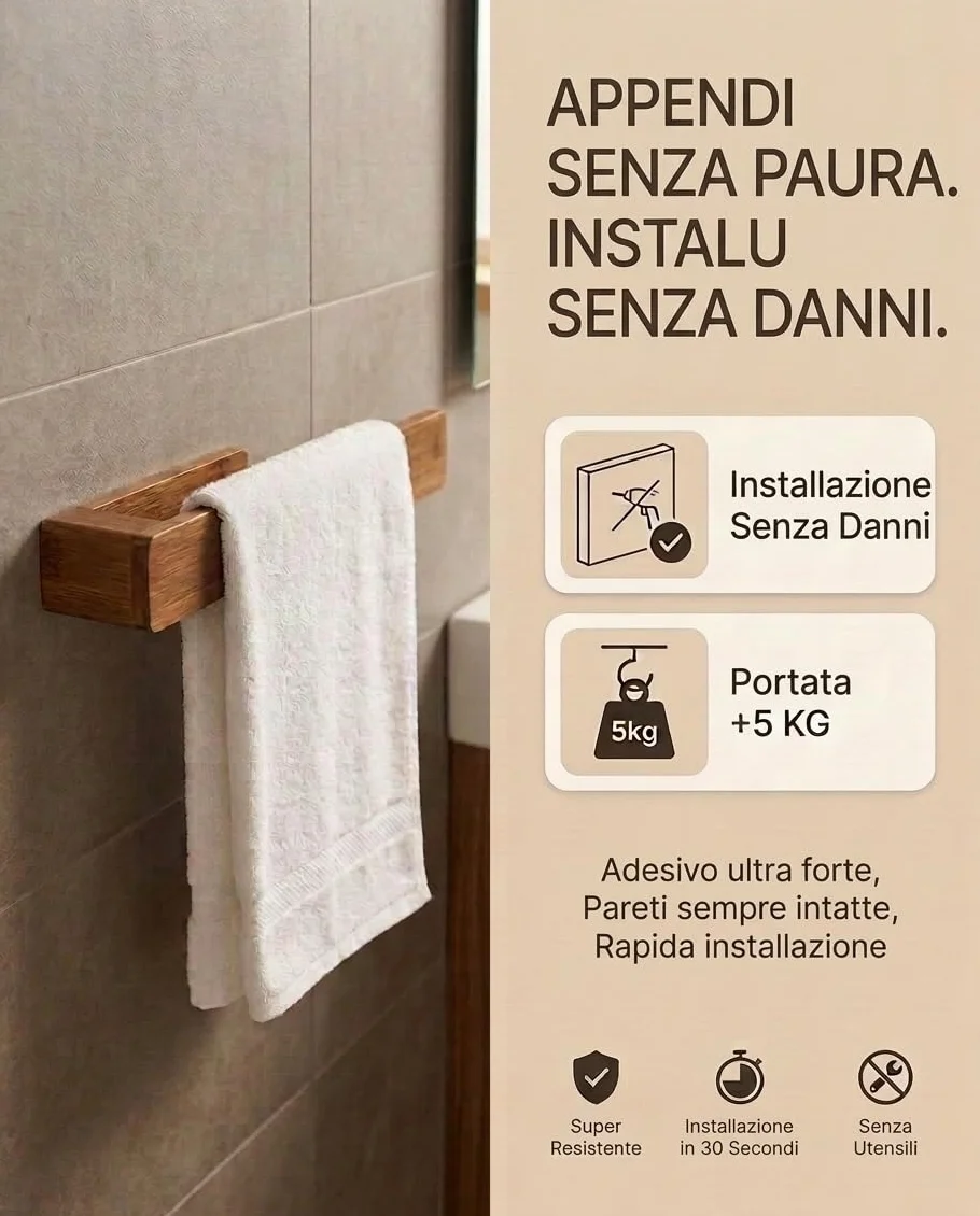 Porta Asciugamani Bagno Bambù Naturale 30cm Adesivo Extra Forte Resistente all'Umidità