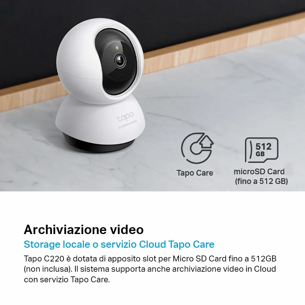 Tapo C220 Telecamera Wi-Fi Interno 2K 4MP QHD, Videocamera Sorveglianza, 360º Horizontal, Panoramica e iInclinazione, Visione Notturna, MicroSD fino a 512GB, Alexa, Google Assistant