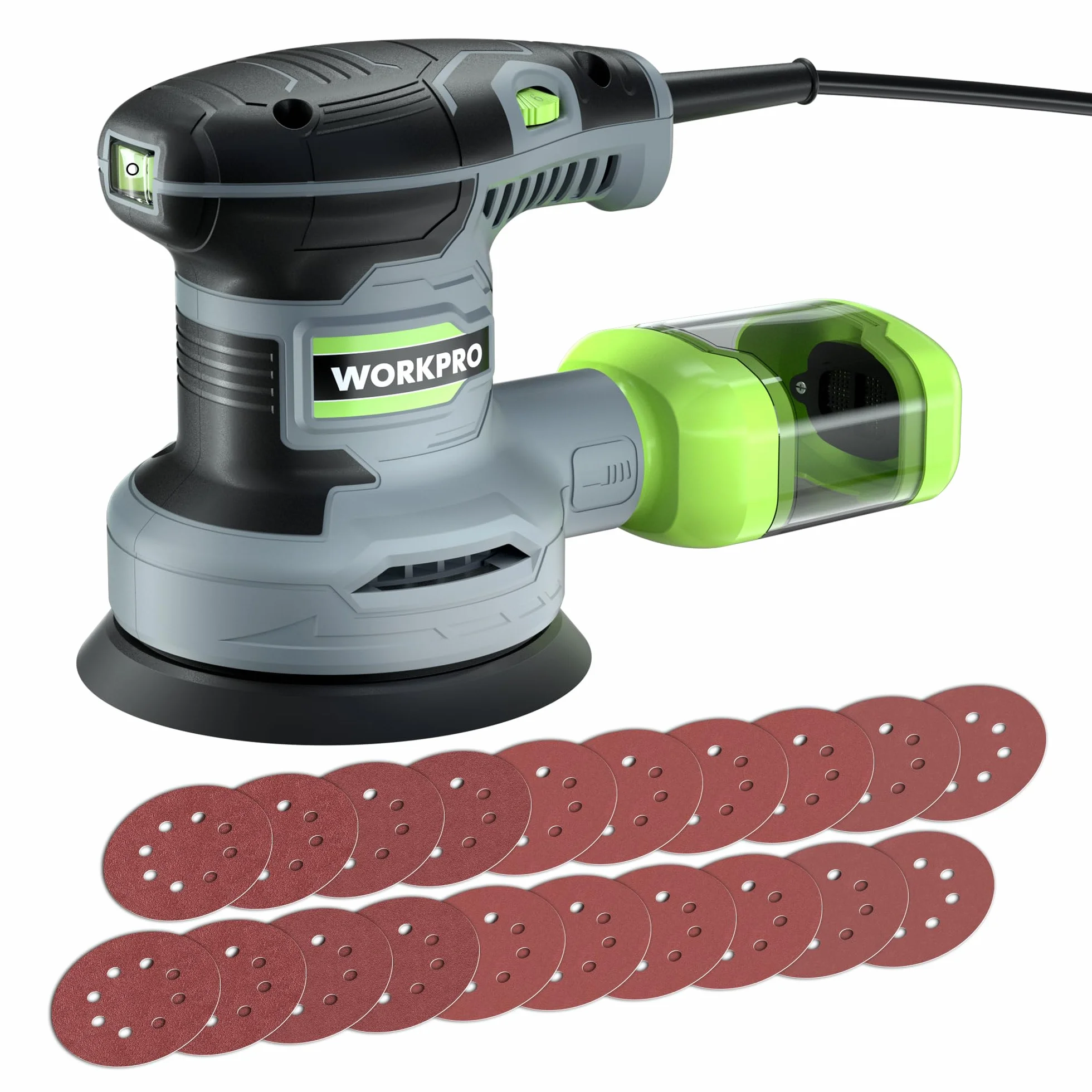 WORKPRO Orbitale 125mm, Rotorbitale 300W 7000-13000 OPM, Eccentrica con Aspirazione e Contenitore Polvere, 20 Pezzi Carta Abrasiva