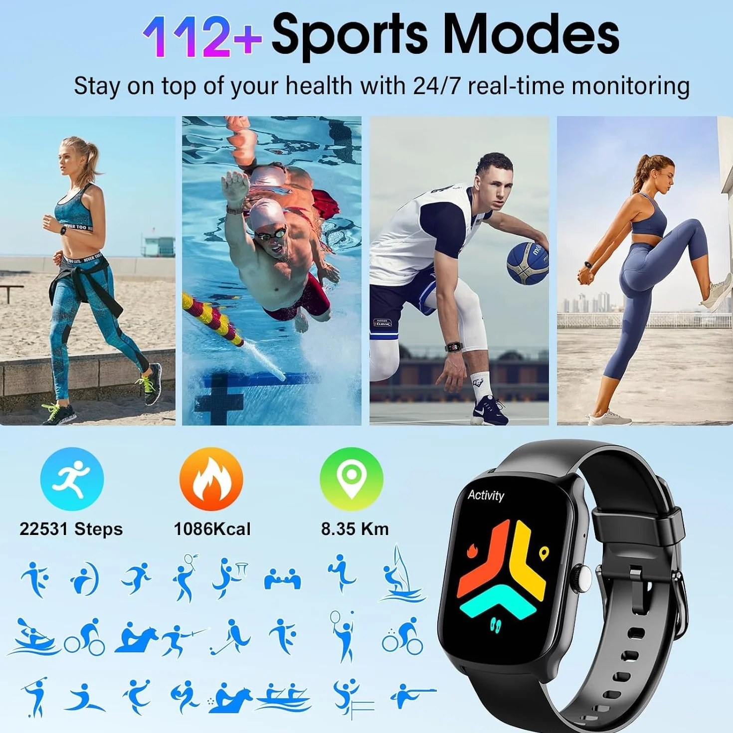 Smartwatch Uomo Donna, 1.95 schermo curvo Orologio watch Chiamate Bluetooth, 110+ Modalità Sportive Fitness watch, Contapassi Sonno Cardiofrequenzimetro, IP68 Smart watch per iOS/Android, Nero