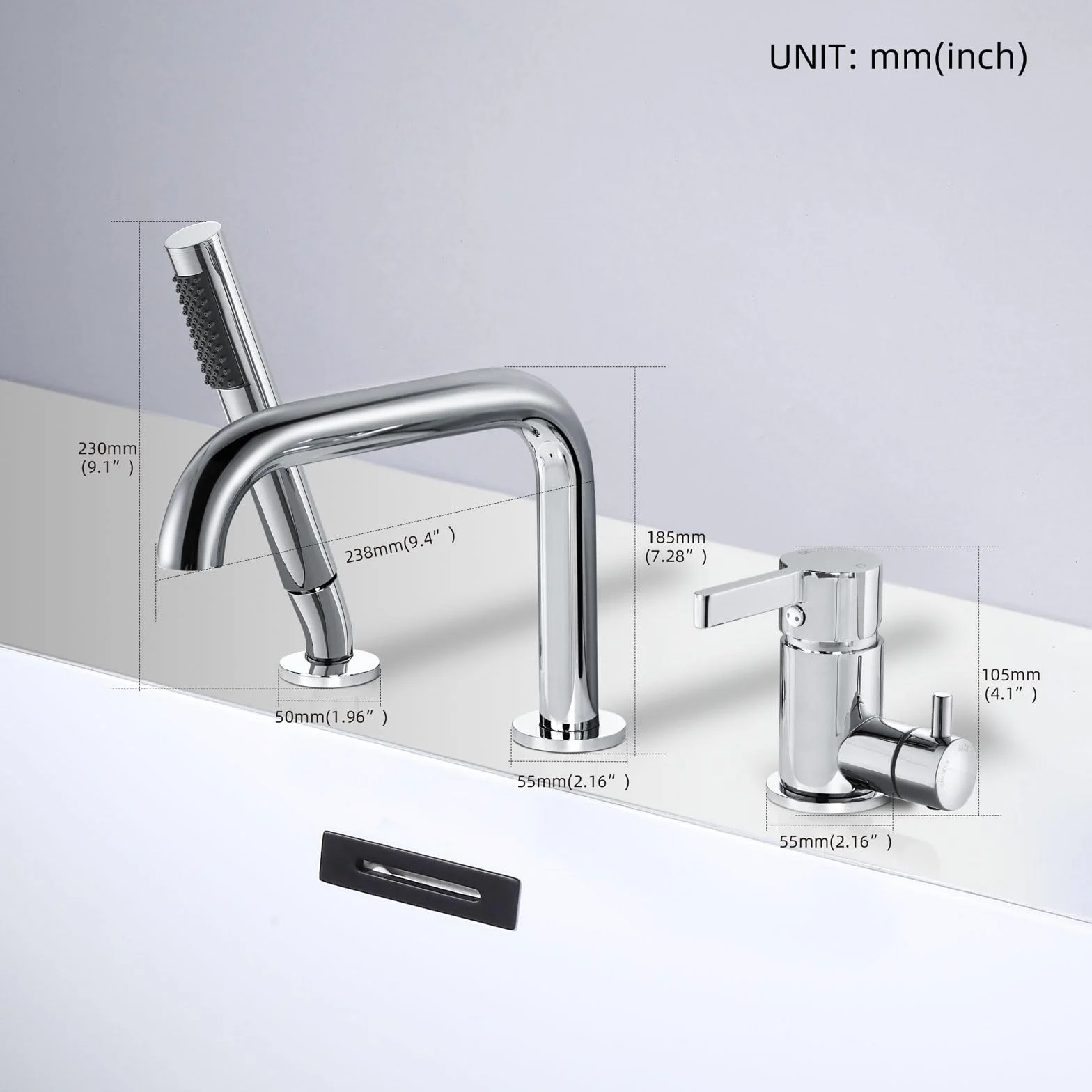 Rubinetto per Vasca 3 Fori, Rubinetto per Bordo Vasca con Girevole a 360°, Miscelatore per Vasca da Bagno con Doccetta, Cromo, 11Y1OK