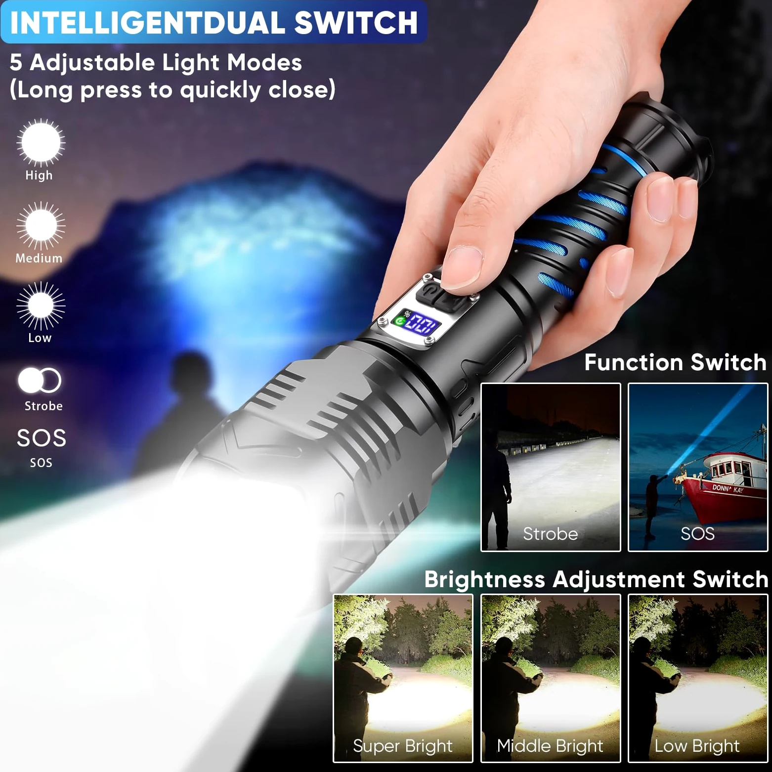 Torcia a LED ricaricabile, torcia a LED, estremamente luminosa, 150000 lumen, IP65, impermeabile, alimentata a batteria, torcia USB per le emergenze all'aperto, campeggio