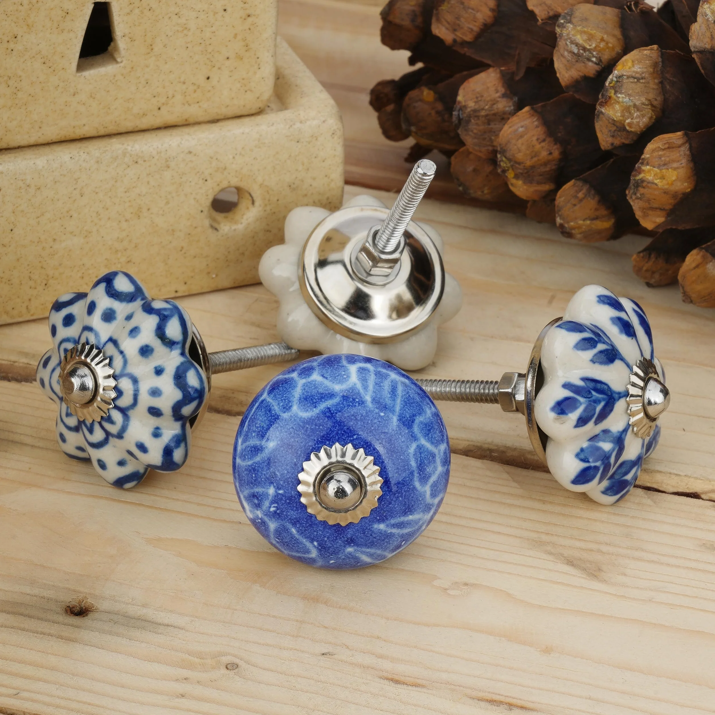 Set di 25 Pomelli in Ceramica Blu Colorati per Mobili da Cucina Armadietti da Bagno Cassettiere Decorativi Fatti a Mano