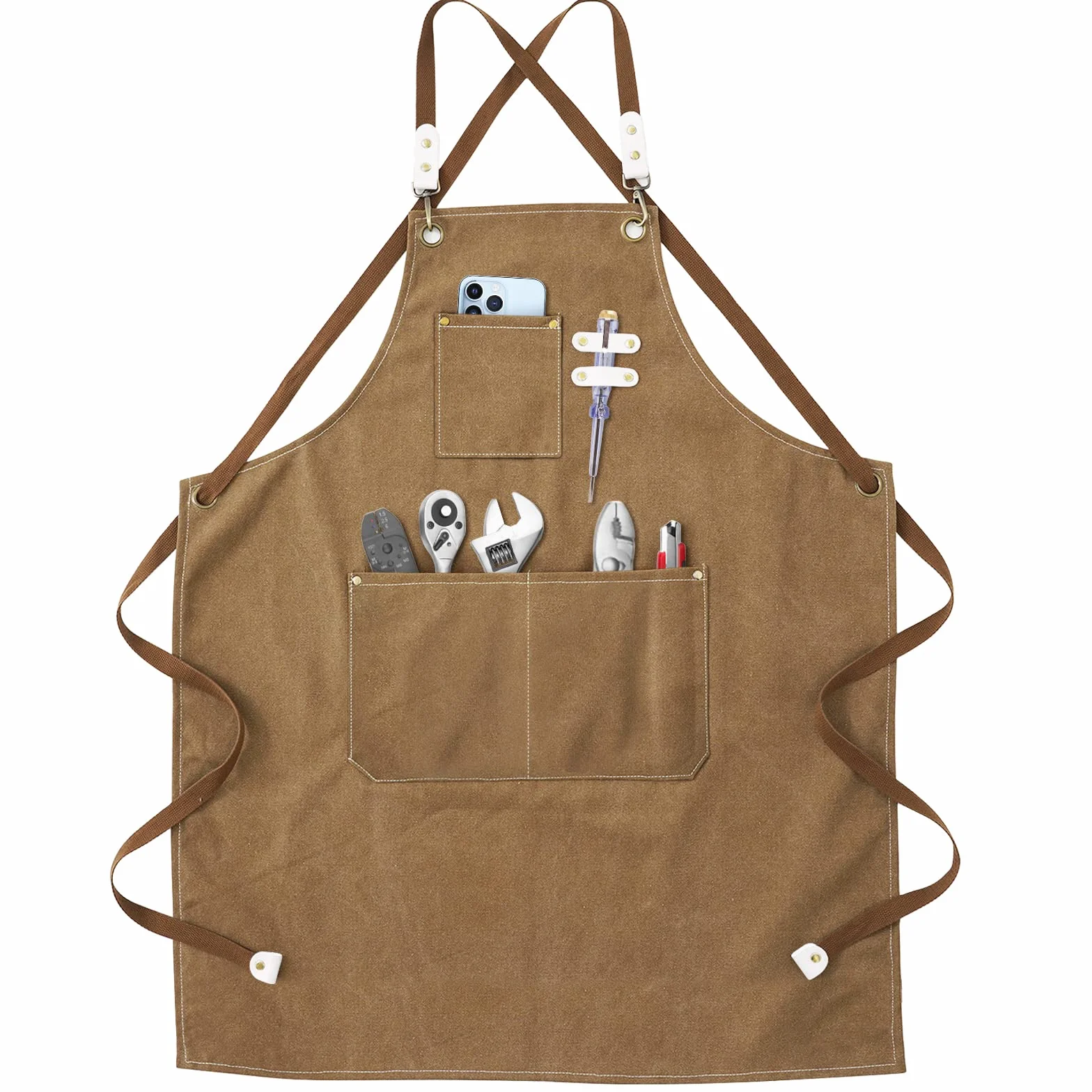 Grembiule da lavoro - Grembiule da saldatura con tasche per attrezzi Cinghie incrociate regolabili sul retro Indumenti protettivi per uomo e donna Perfetto per giardino,cucina,garage (Marrone)