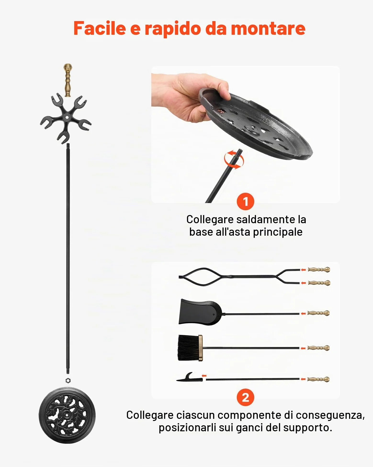 VEVOR Set di Attrezzi per Camino, 5 Pezzi, con Supporto a Cinque Punte, Pinze, Paletta per Cenere, Spazzola, Attizzatoio per Caminetto, Accessori per Camino in Ferro Battuto per Falò, Nero e Ottone