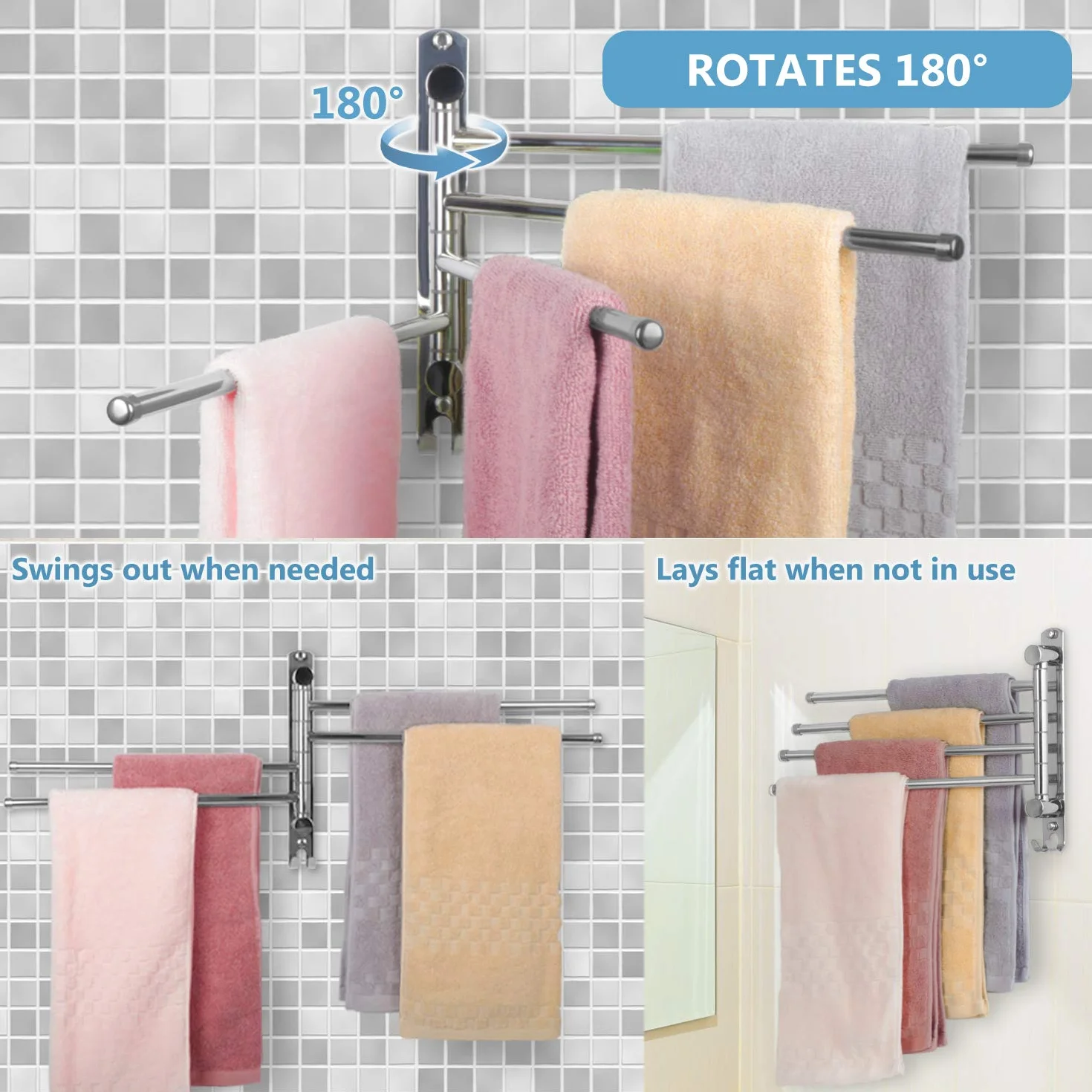 Porta Asciugamani 34CM a 4 Bracci Rotanti Acciaio Inossidabile da Muro per Bagno e Cucina