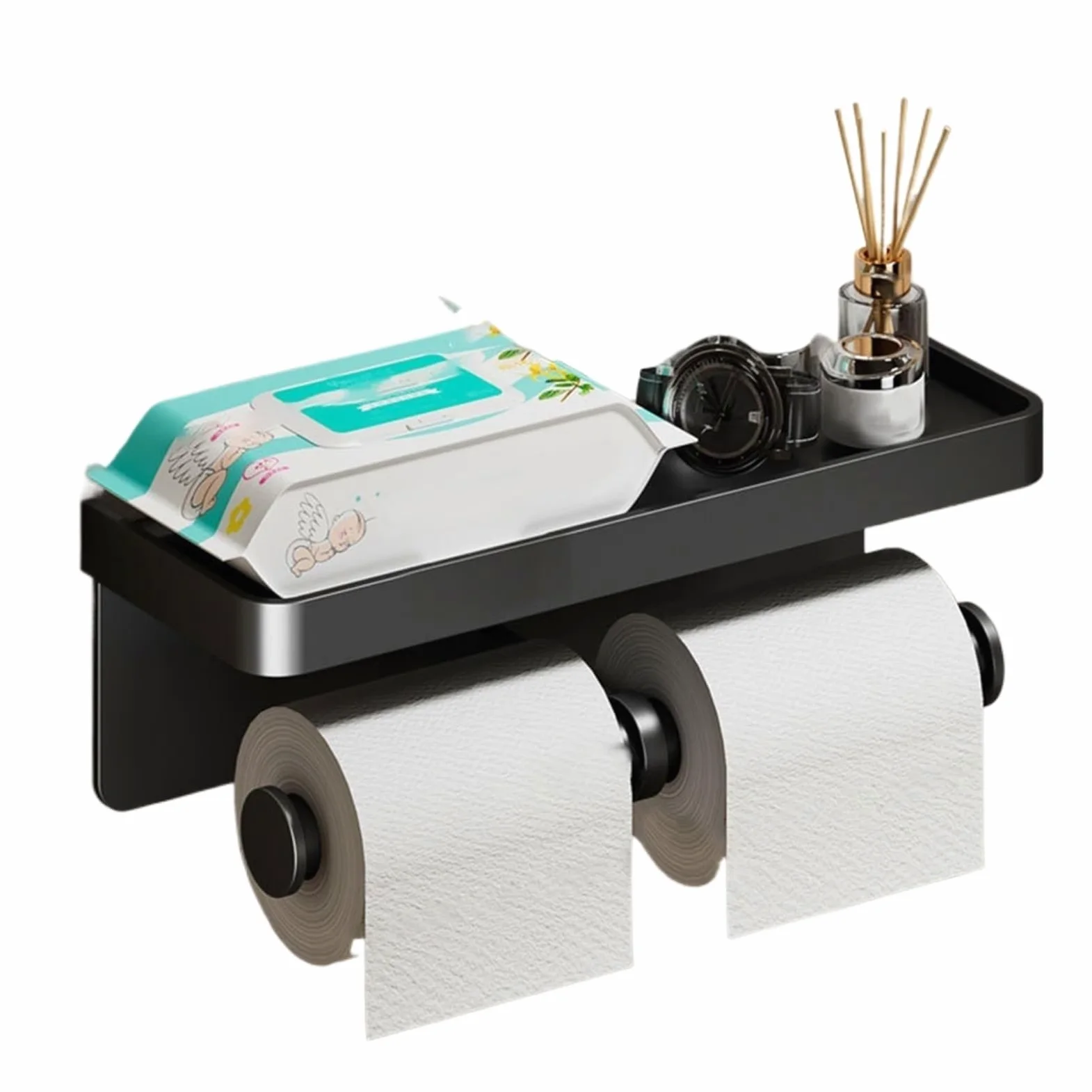 LYGSWDB Portarotolo Carta igienica a Parete Doppio Rotolo portarotolo Carta igienica con ripiano Montaggio a Parete Autoadesivo per Bagno Cucina (Bianco)