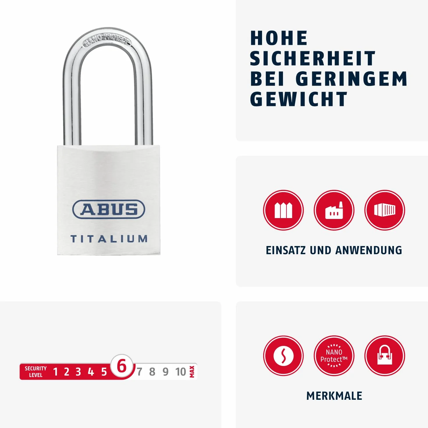 ABUS 562242-80TI/40HB40 Candado Titalium arco Nano protect y llave de 6 pitones 40 mm arco largo
