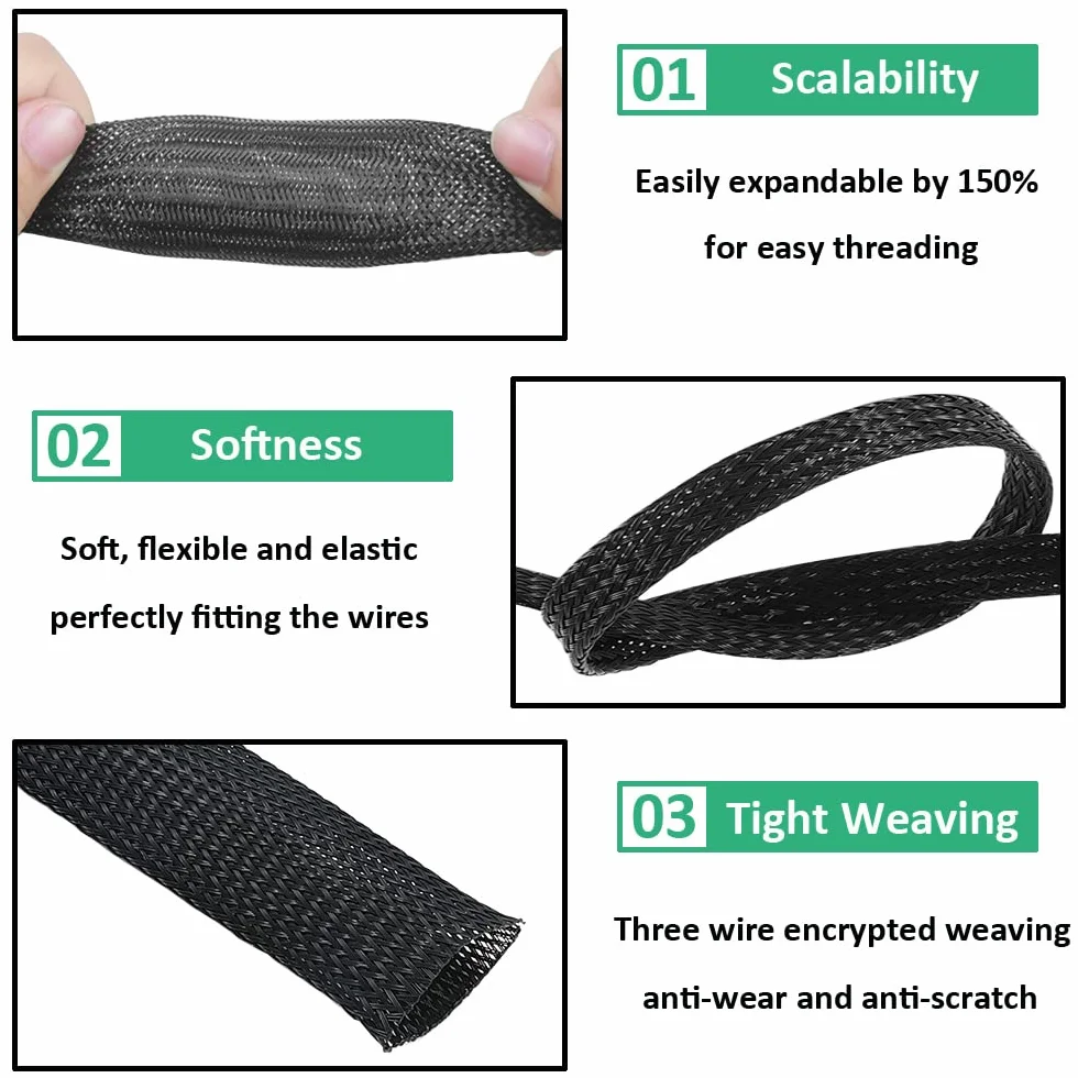 Manicotto intrecciato espandibile in PET Manicotto intrecciato Gestione dei cavi Guaina isolata flessibile Manicotto Telaio Tubi Protezione Ordinata Cavo Wrap Cover Nero Rosso 10 mm 15 Metri