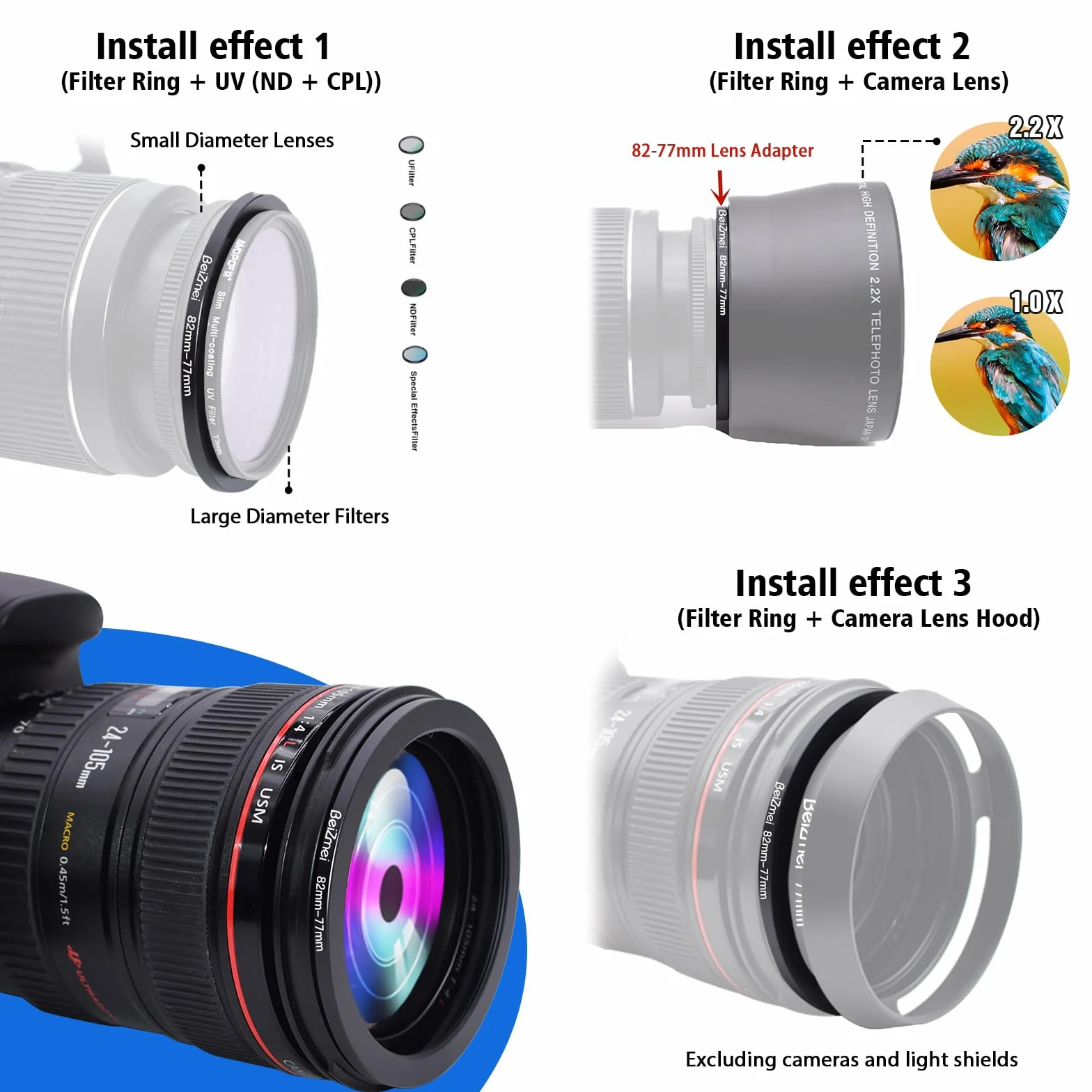 82mm a 77mm Anelli Adattatore Filtro Lente Compatibile con tutte 82mm le Obiettivo a 77mm UV ND CPL filtro,82mm lens to 77mm Filtro Ring