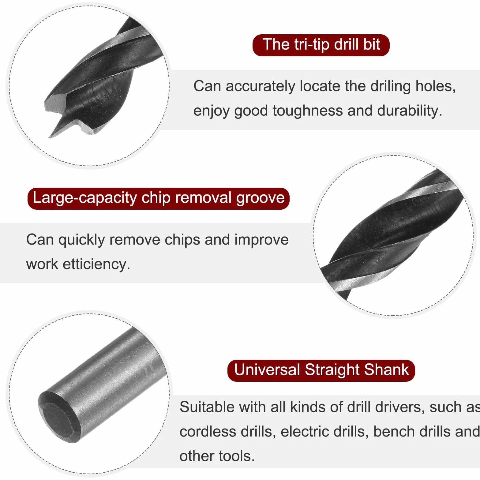 QUARKZMAN Brad Point Punte Trapano 6,5mm (16/64") Dritto Acciaio Tondo Shank 2,6" Profondità Foratura per Legno Carpenteria Plastica Gomma