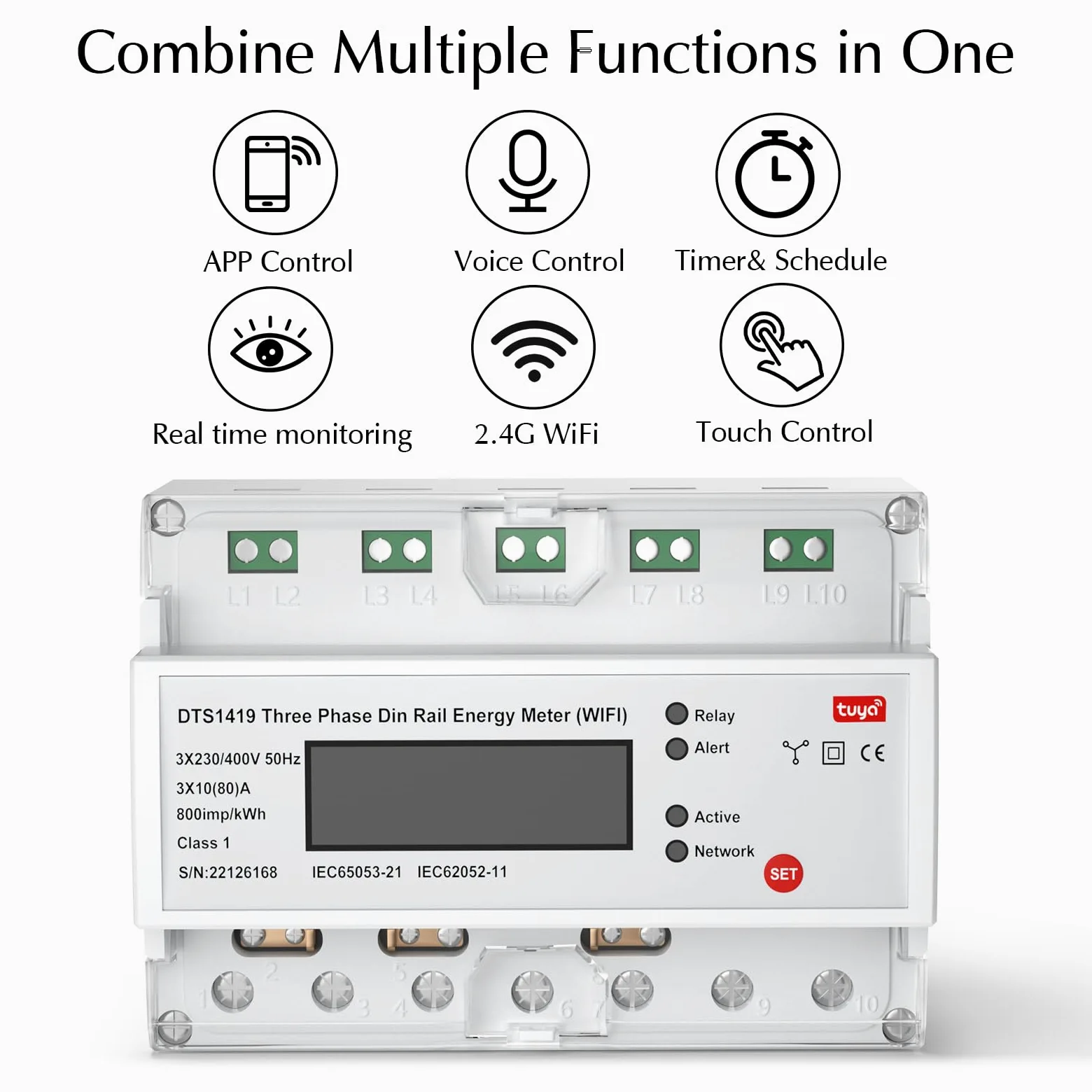 eMylo Misuratore di energia WiFi intelligente, contatore digitale LCD a 3 fasi su guide DIN, misuratore di consumo di energia, 80A 230-400V, supporto Alexa Google Assistant App Controllo remoto per ca