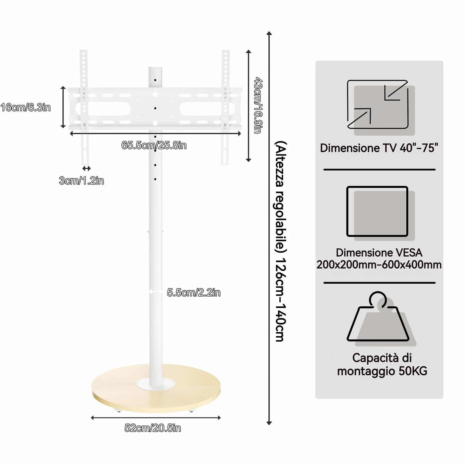 Supporto TV da Pavimento con Ruote Nascoste Legno Base per 40-75 Pollici Peso Max 50kg Max VESA 600x400mm, Regolabile in Altezza, Bianco