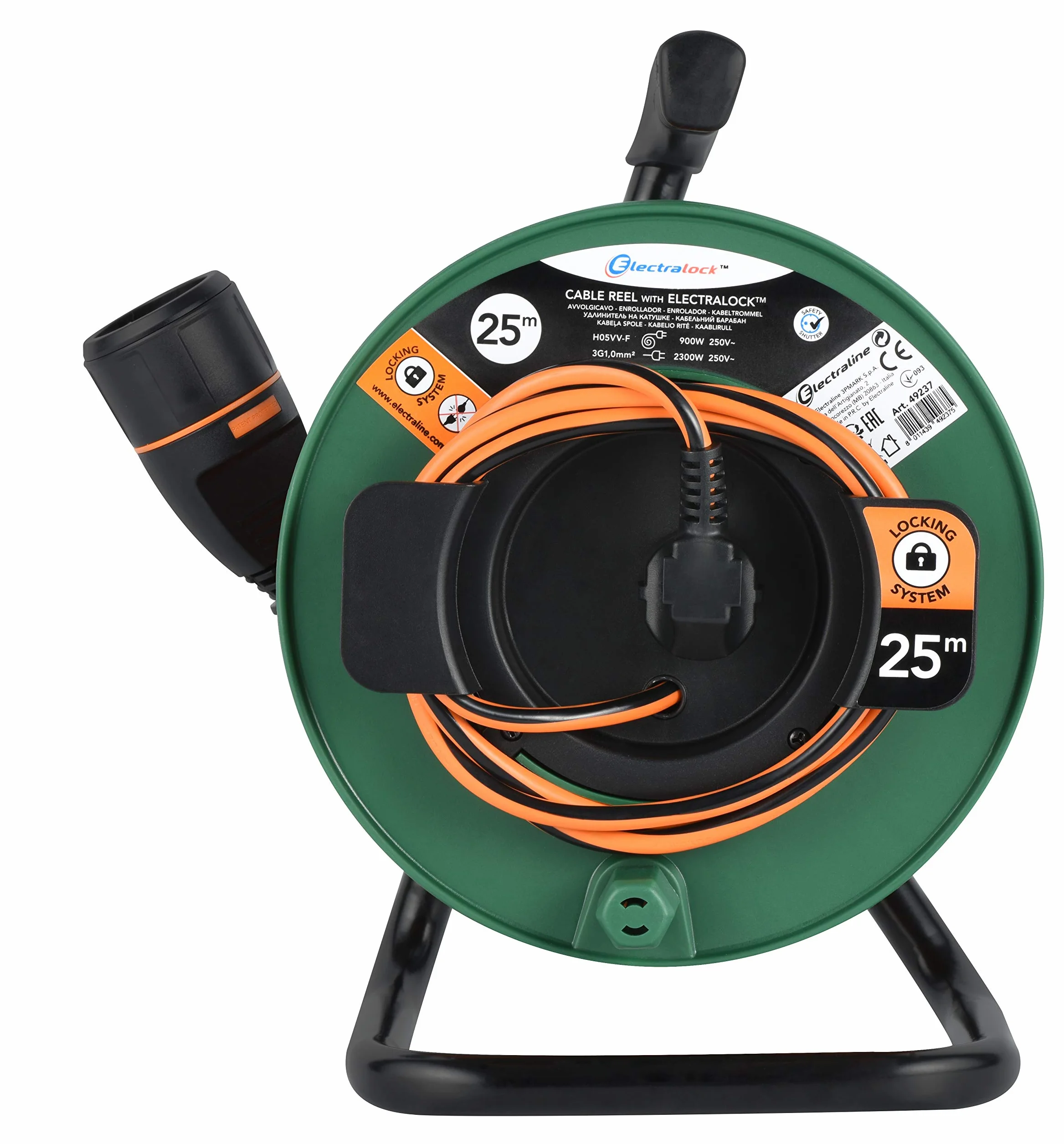 Electraline 49237 Avvolgicavo con Prolunga Elettrica da Giardino 25M 3G1 con Presa Electralock e maniglia ergonomica