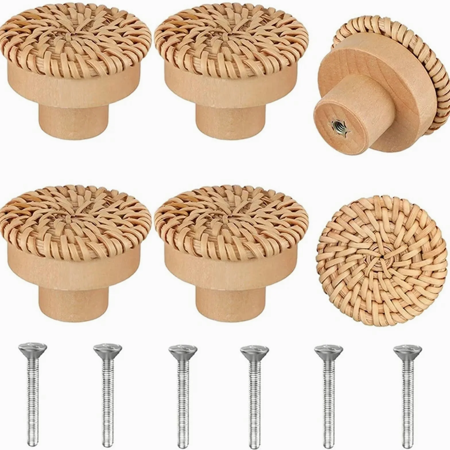 30 pomelli rotondi in rattan bohémien, per cassetti in legno, fatti a mano, per mobili da cucina, ferramenta (Burlywood)