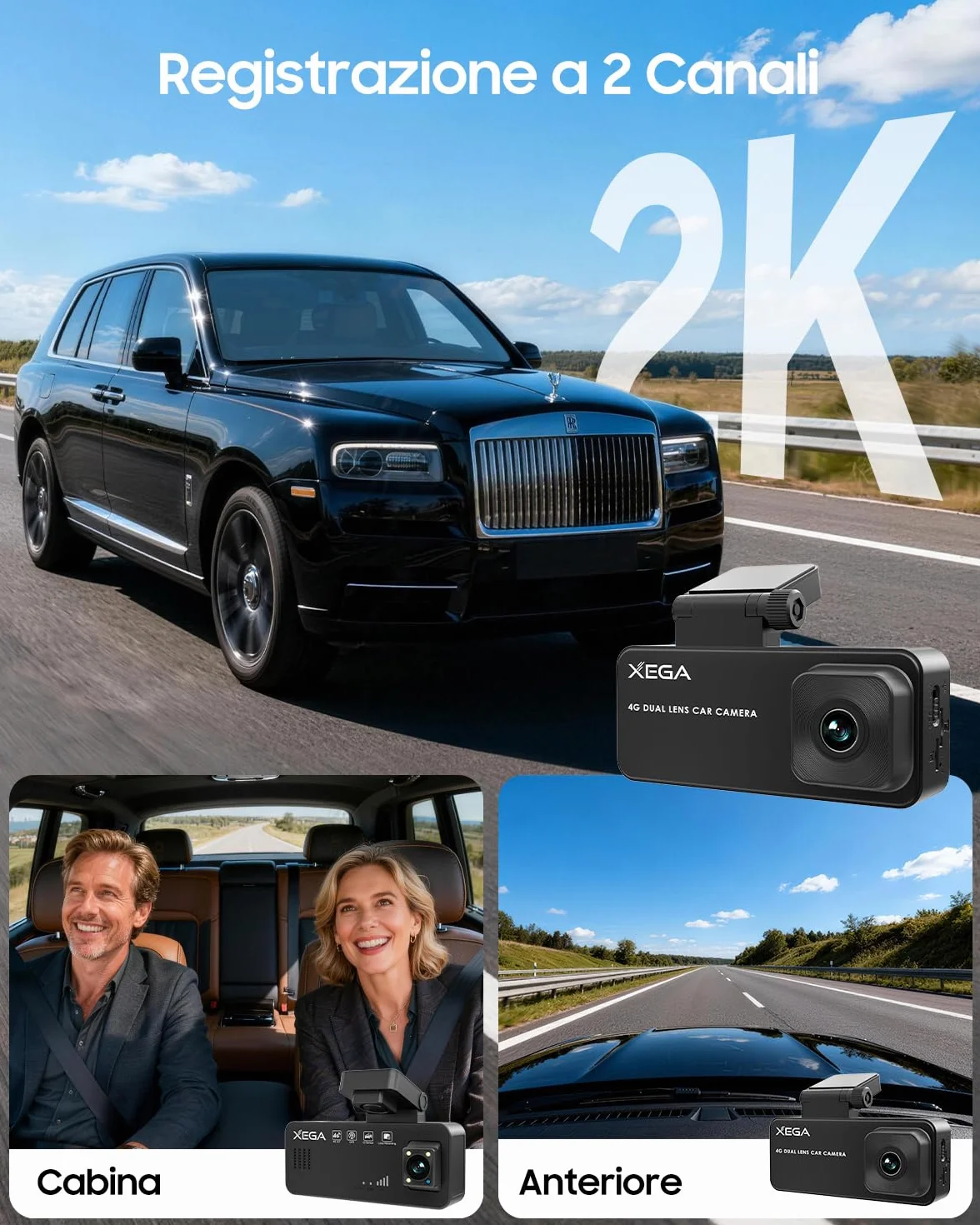 XEGA Dash Cam Auto 2K 4G con Scheda SIM, GPS, Monitoraggio di Parcheggio, Rilevamento Collisione/Movimento Radar, Audio Bidirezionale, Modalità Privacy, Video in Diretta/Cloud