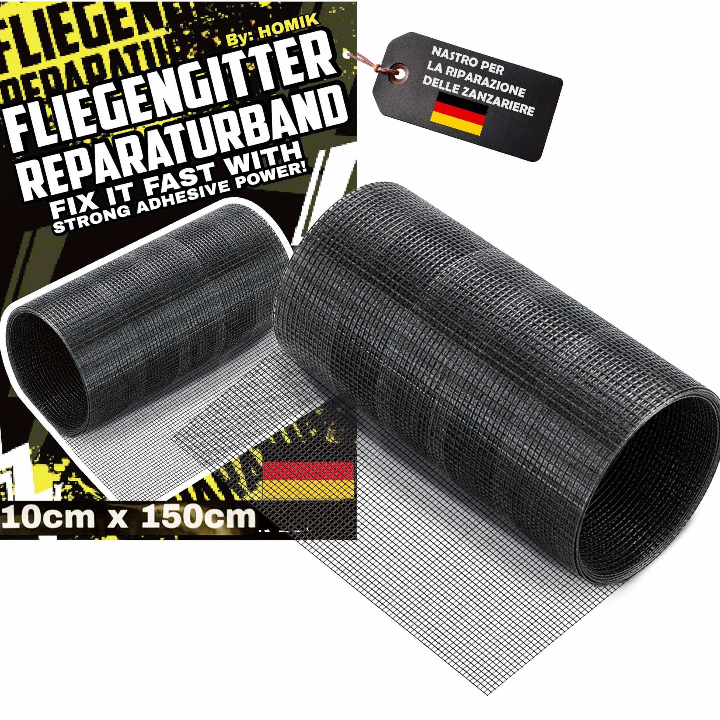 Nastro Adesivo Nero per Riparazione Zanzariere 10cm x 150cm Resistente ai Raggi