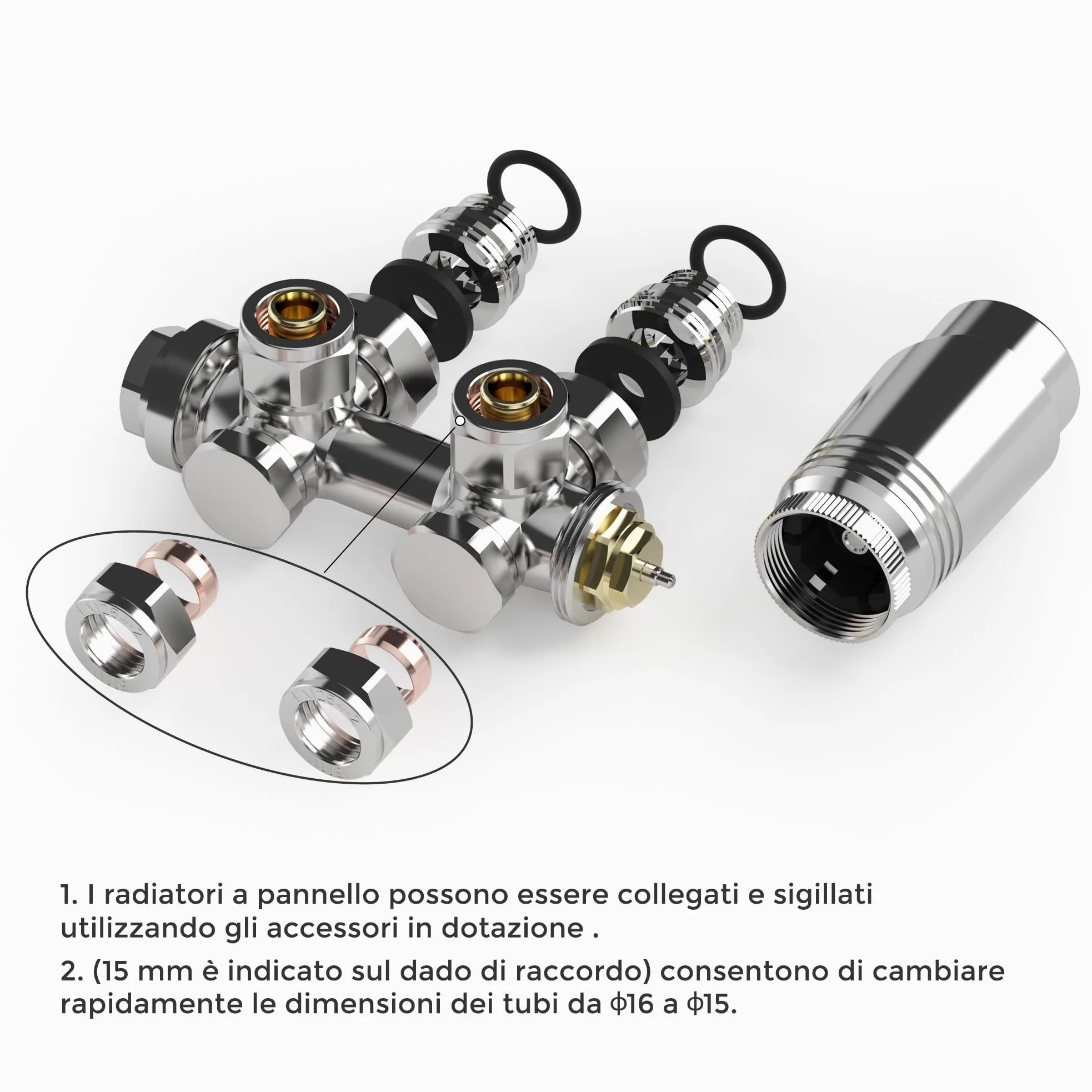 VANCOCO Cromo Valvola Radiatore Angolare H, Attacco Centrale 50mm Universale con Testa Termostatica
