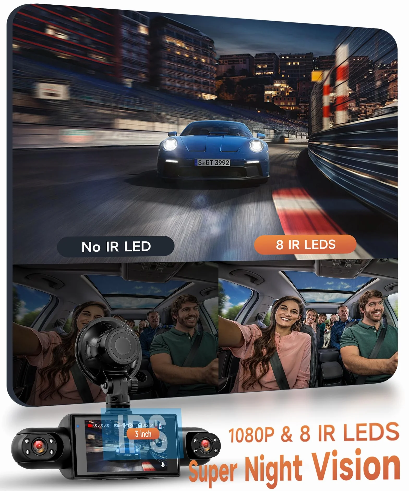 Rimoody 4 Canali Dashcam Auto 360°, 4 Telecamera HD 1080P Anteriore e Posteriore Sinistra Destra, 3 Pollici IPS Schermo Dash Cam con Visione Notturna 8 IR/Loop Video/24H Parcheggio Monitor