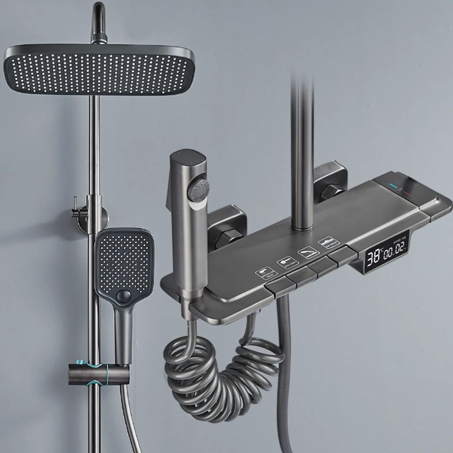 Rubinetto Doccia da Esterno con Display Digitale termostatico, Sistema di Montaggio a Parete con beccuccio per Vasca, soffione, doccetta a 3 modalità e Bidet (Grigio)