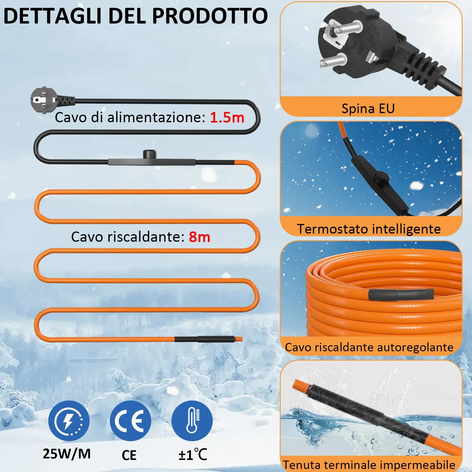 Cavo Riscaldante con Termostato, 8m Cavo Riscaldante 25 W/m Autorregolante Serpentina Riscaldante con Termostato IPX7 Impermeabile Cavo Scaldante per Tubazioni Piante Grondaie Protezione Antigel