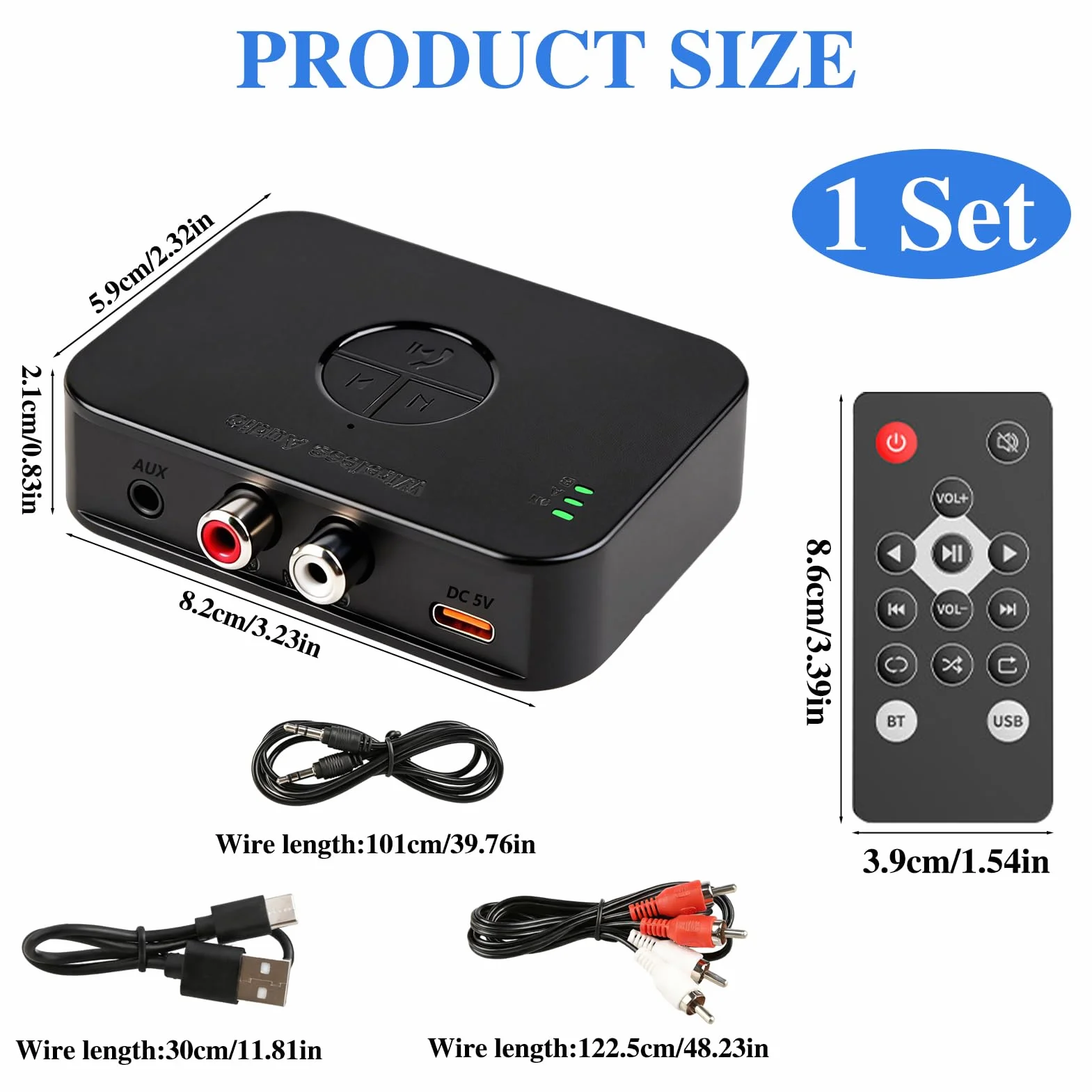 Adattatore Bluetooth 6.0 stereo, doppia connessione 3,5 mm AUX & RCA output, ricevitore Bluetooth per altoparlanti, amplificatore e autoradio, ricevitore audio HiFi Bluetooth con telecomando e 3D