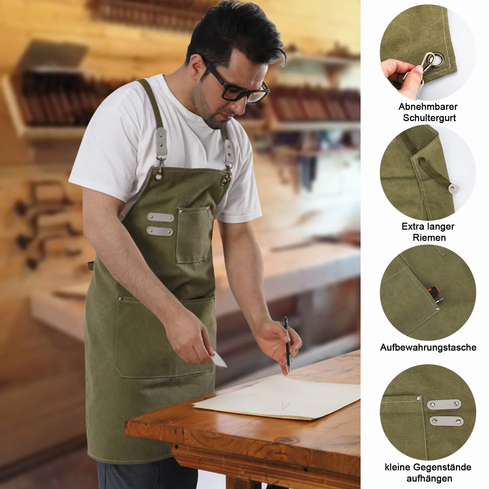 Grembiule da Lavoro - Grembiule da Saldatura con Tasche per Attrezzi Cinghie Incrociate Regolabili sul Retro Indumenti Protettivi per Uomo e Donna Perfetto per Giardino,Cucina,Garage (Verde) 78*57cm
