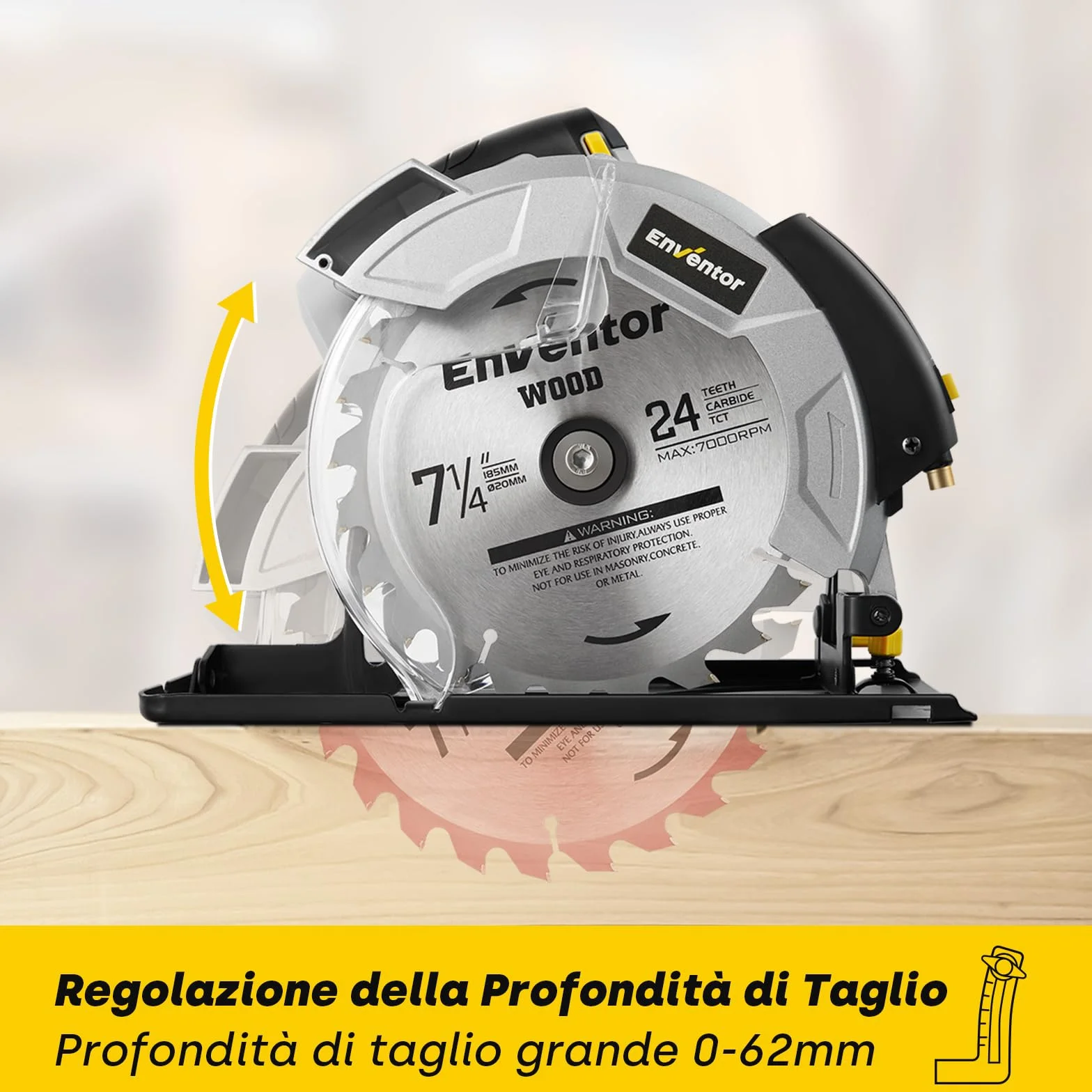 Enventor Sega Circolare 1200W con Guida Laser, per Legno, 2 Lama da 185mm (24T&40T), 5800RPM,Taglio Massima:62mm (90°) e 42mm (45°),Motore Di Rame Puro,Inclusa Guida di Rip