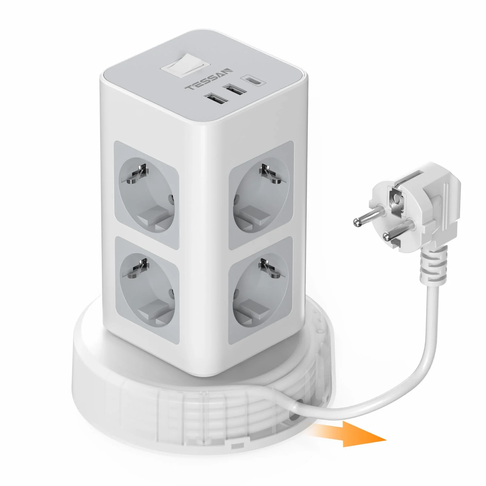 TESSAN Ciabatta Multipresa con 1 USB C, Ciabatta Elettrica con 8 Presa, Prolunga Retrattile 2M, Torretta Multipresa da Scrivania con 1 Interruttori Indipendenti, Girgio