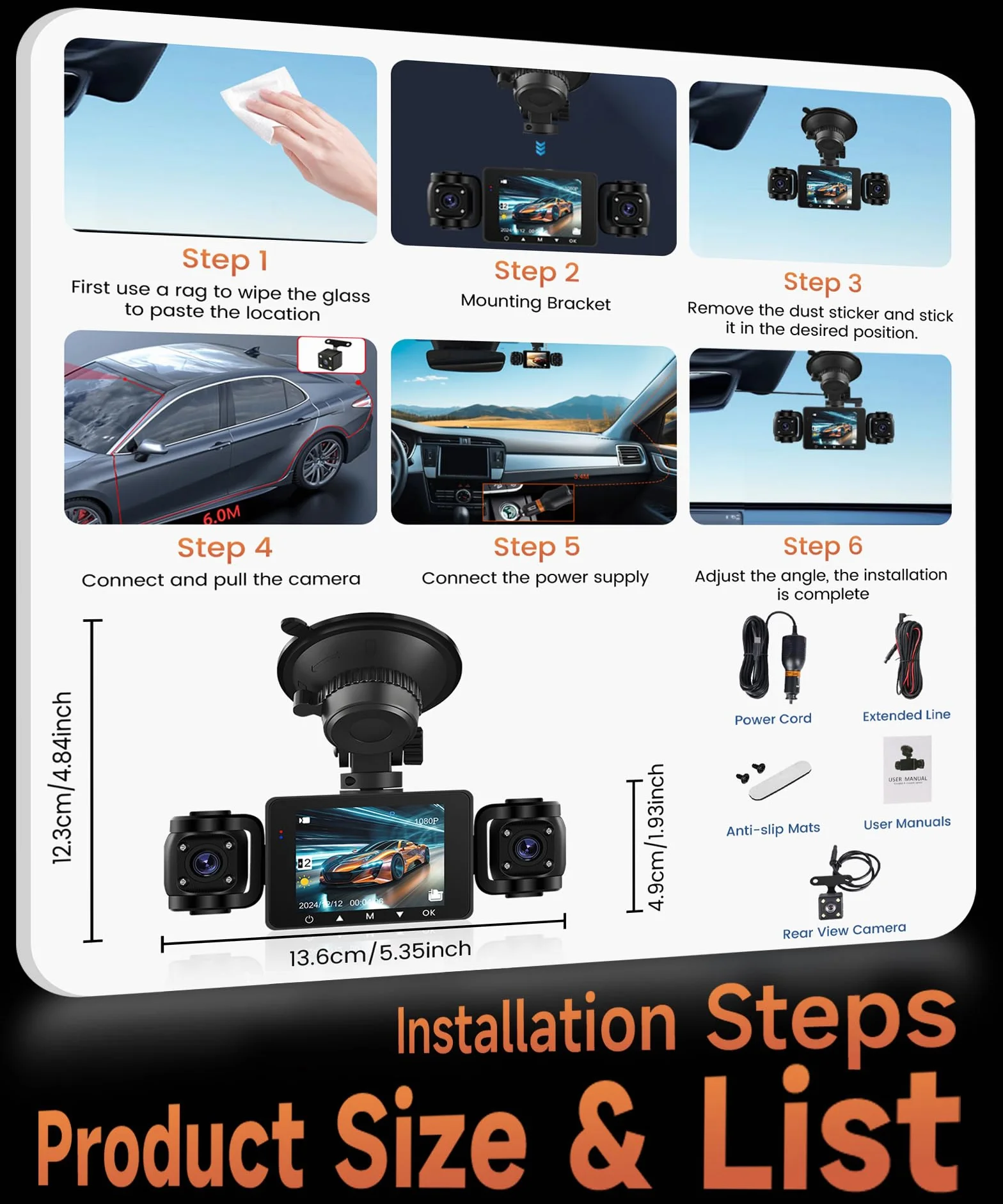 Rimoody 360° 4 Canali Dashcam Auto, 4 Telecamera HD 1080P Anteriore e Posteriore Sinistra Destra, 2.4 Pollici Schermo IPS Dash Cam con Visione Notturna IR/Loop video/24H Parcheggio Monitor/G-Sensore