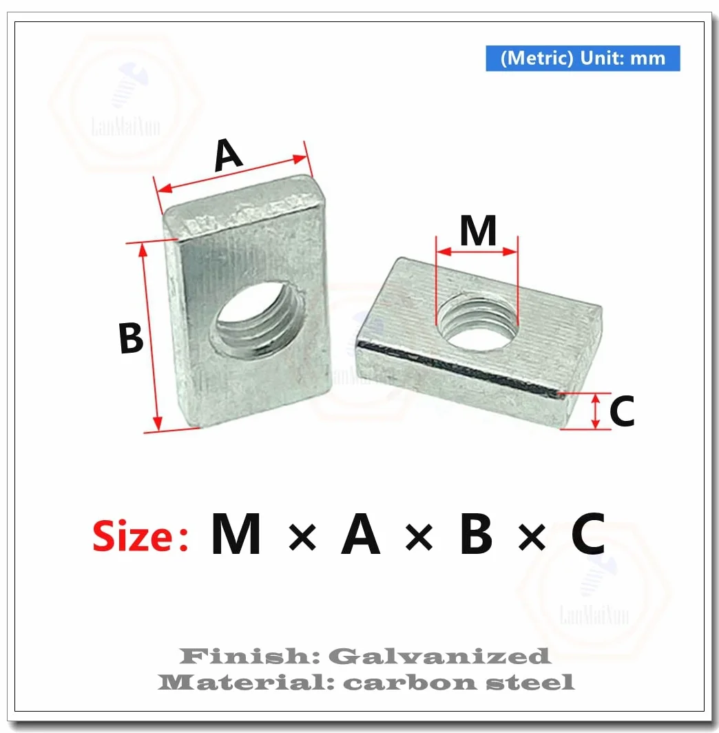 Dadi Quadrati Rettangolari M6x13x16x2mm Acciaio al Carbonio Zincato 40pz