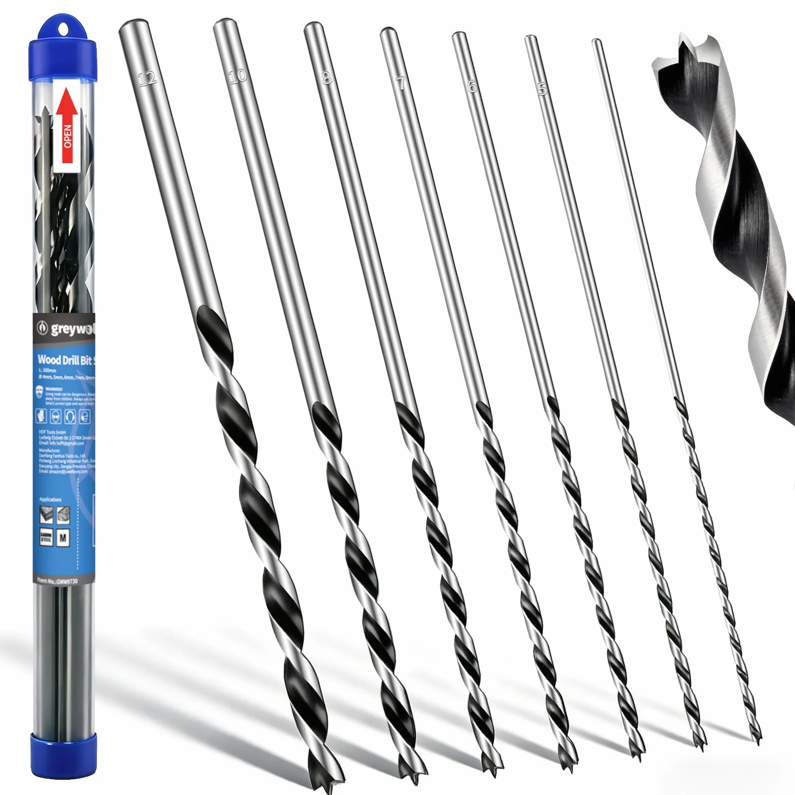 Set punte per trapano per legno 300 mm 4/5/6/7/8/10/12 mm