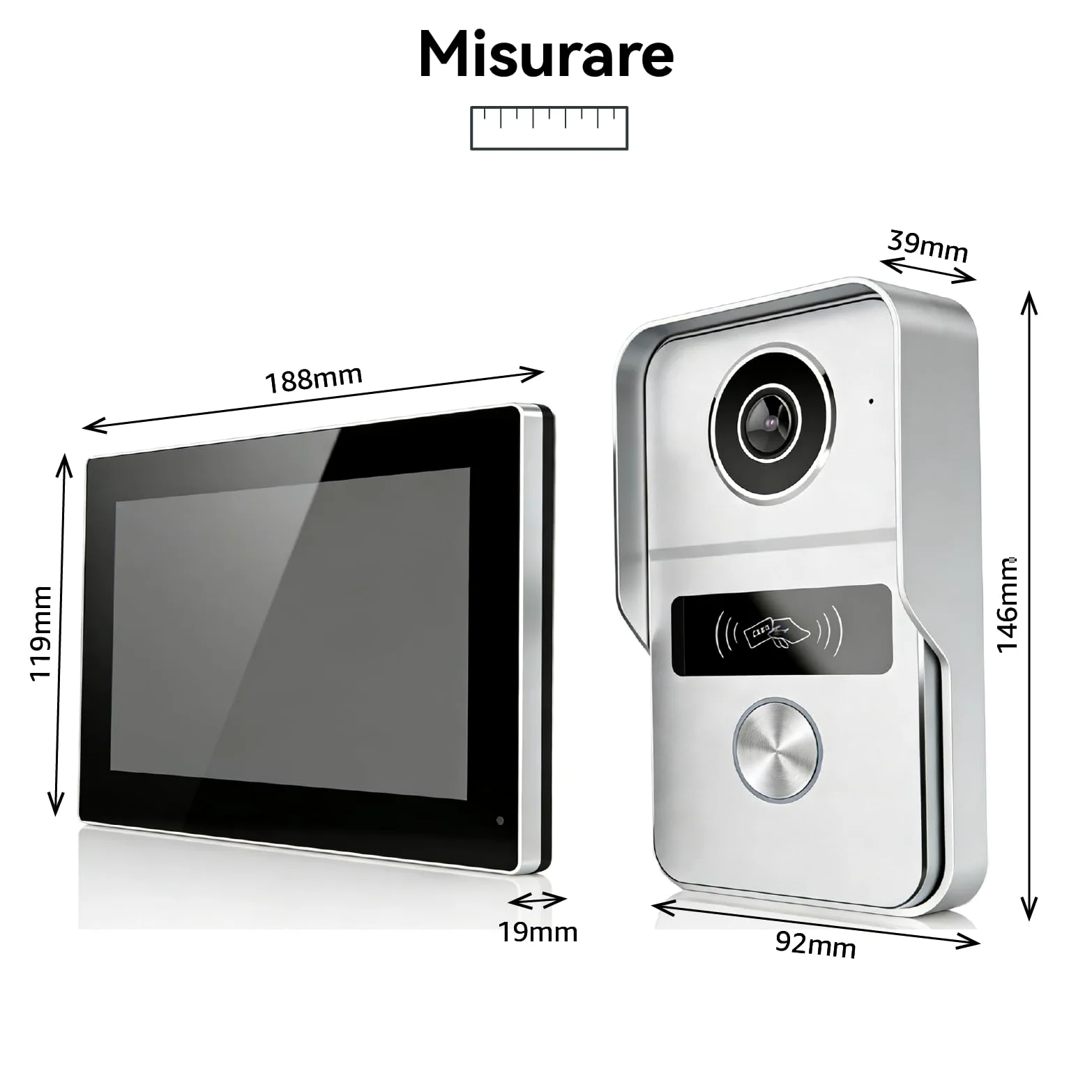 Sistema di videocitofono a 2 fili KW02, 1080p e Audio Bidirezionale, sblocco remoto porta/cancello, controllo accessi APP/RFID, touch screen da 7 pollici, Rilevamento Presenza, Argento