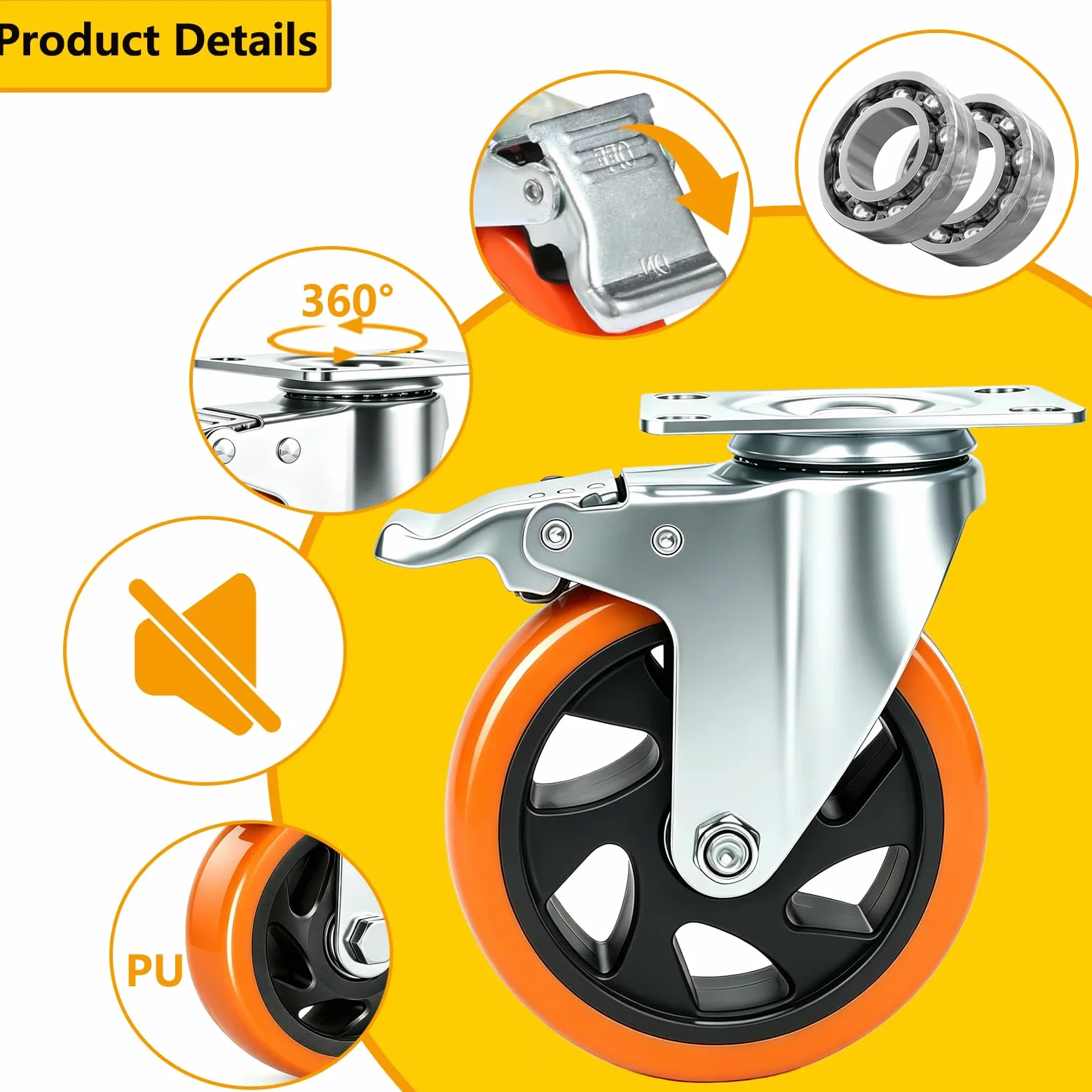 Mobili Ruote per carrelli con Freni, 125mm per carichi Pesanti Ruota Ruote Cuscinetto 800KG Girevole Carrello Ruote con Viti, PU Ruote per Carrello per Mobili