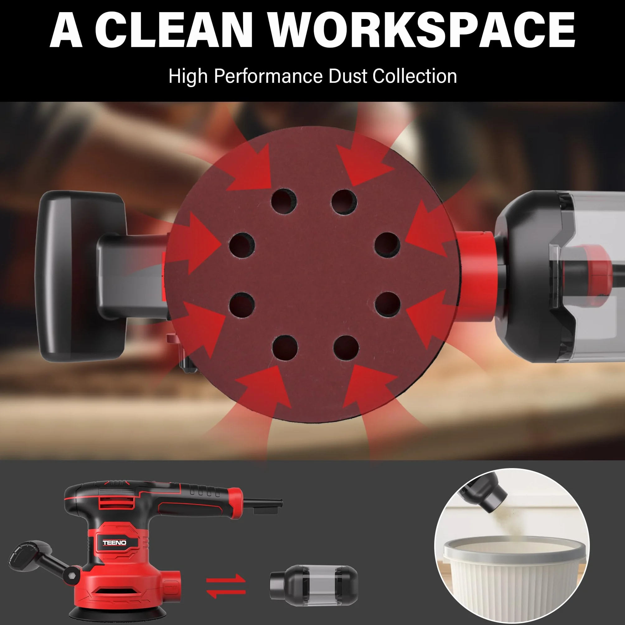 TEENO Levigatrice Orbitale 450W con 6 Velocità, Ø125/150mm, 13000 RPM,20 Dischi Abrasivi, Contenitore Polvere, Cavo 2 m – Con Occhiali e Guanti – Per Legno, Metallo, Plastica