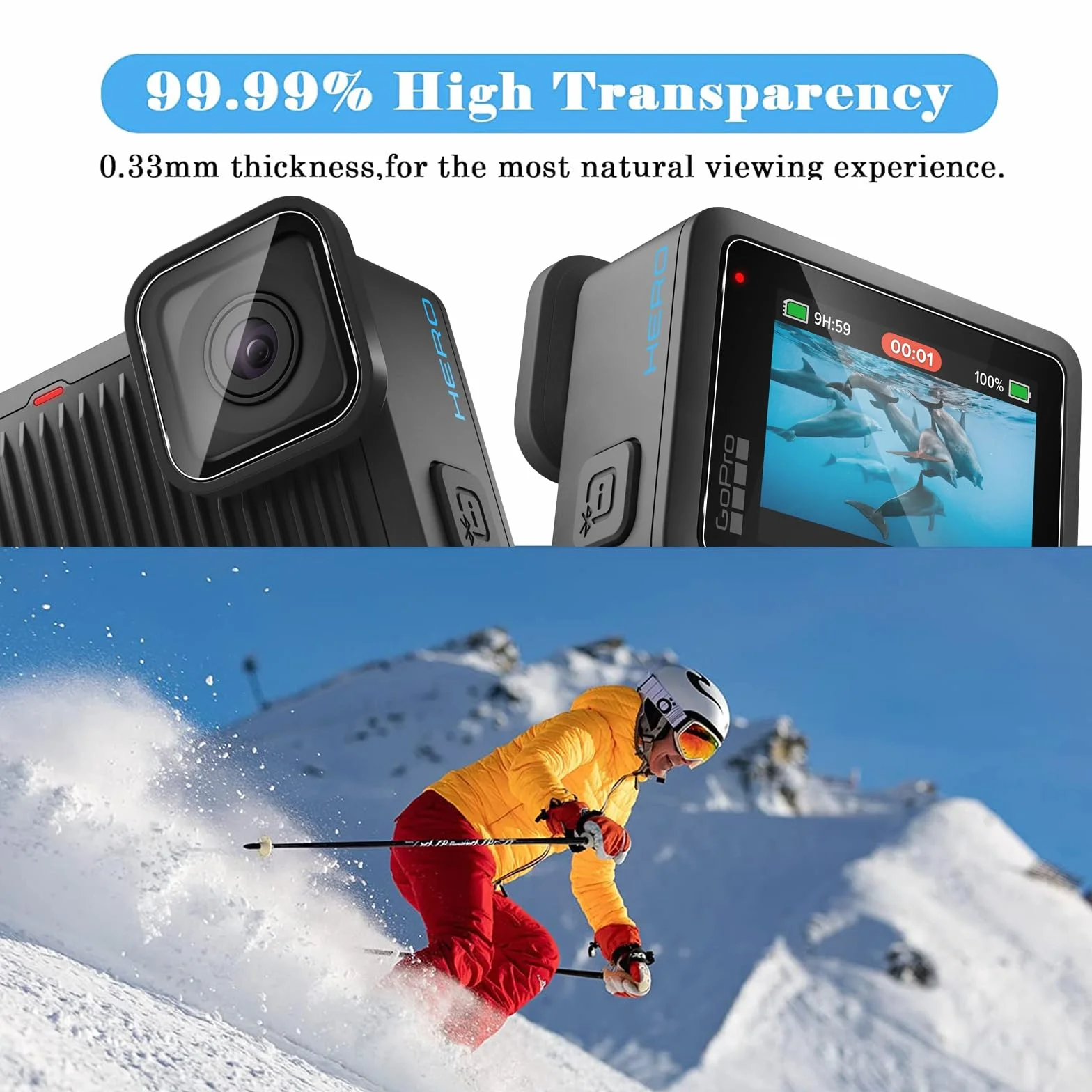 QULLOO Pellicola Protettiva per GoPro LIT Hero/GoPro Hero, 2 Pezzi Film Vetro Temperato Schermo+2 Pezzi Pellicole Protezione Fotocamera Posteriore, Durezza 9H, Anti-Scratch, HD Chiaro