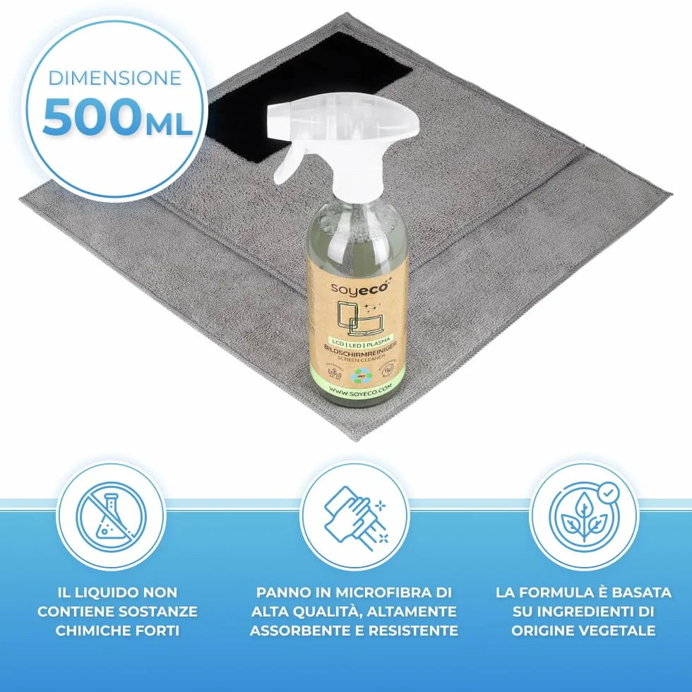 500 ml di Spray per la pulizia dello schermo + 3 panni in microfibra | Fluido per la pulizia | Per smartphone, laptop, tablet, TV, LCD/TFT, LED, OLED, monitor, orologi | Senza sbavature
