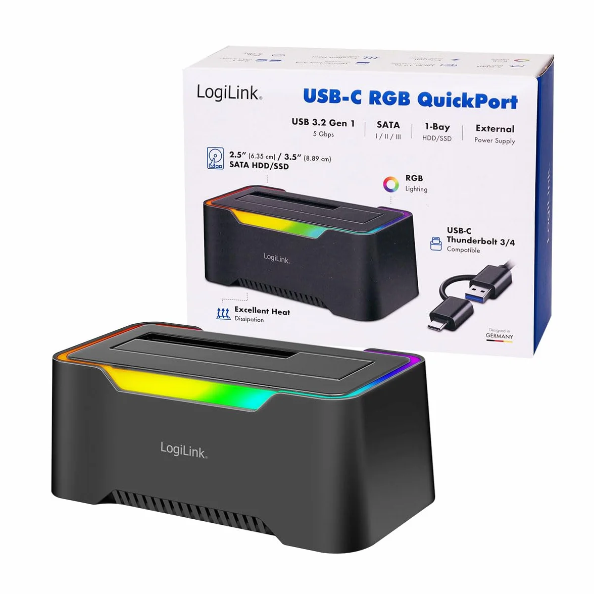 LogiLink Docking Station USB-C (3.2 Gen1) per HDD/SSD SATA da 2.5" e 3.5", con luce RGB, compatibile con Thunderbolt, Windows, Mac OS, Linux