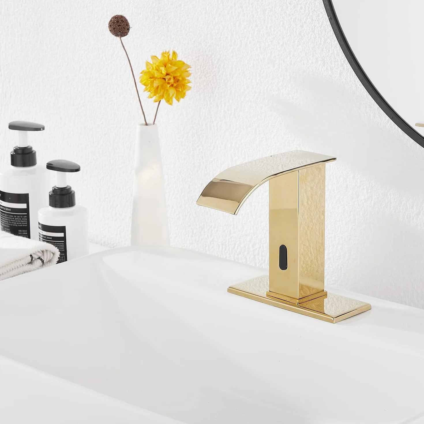 Oro Lucido Bagno Rubinetto Touchless Sensore Automatico Lavandino con Coperchio Foro Rubinetto Vanity Mani Free Cascata Scatola Controllo Miscelatore Temperatura