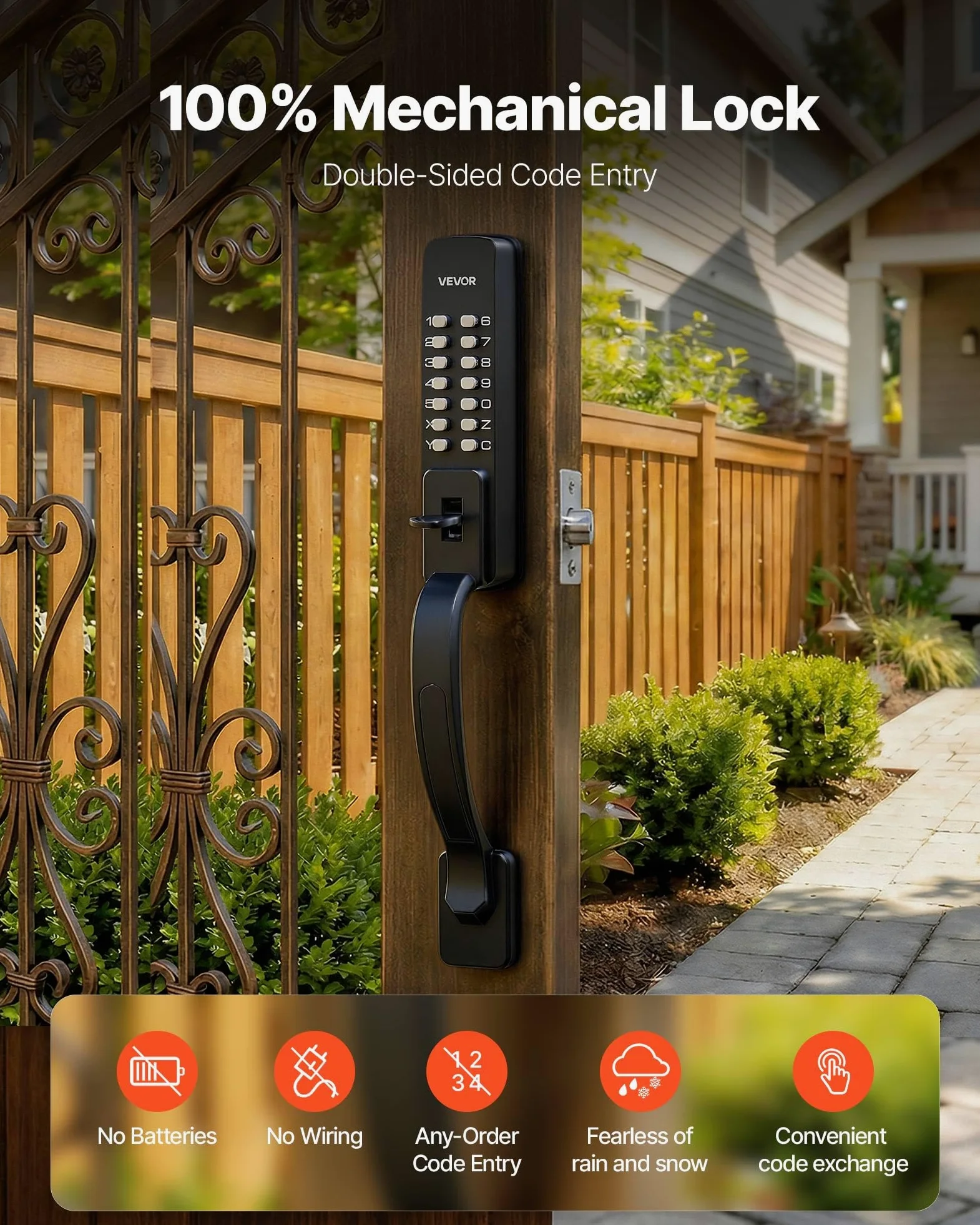 VEVOR Serratura Meccanica a Combinazione per Porte con Tastiera Bifacciale Codice da 4-7 Cifre con Manico, Serratura Senza Chiave a Combinazione Porte d'Ingresso, Giardino, Cancello, Nero