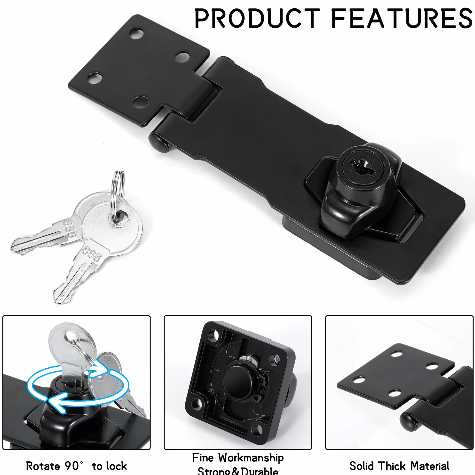 Hasp Serratura in Metallo 2 Pezzi, Lucchetto in Acciaio Inox Chiavistello per Porta Armadietti (Nero)