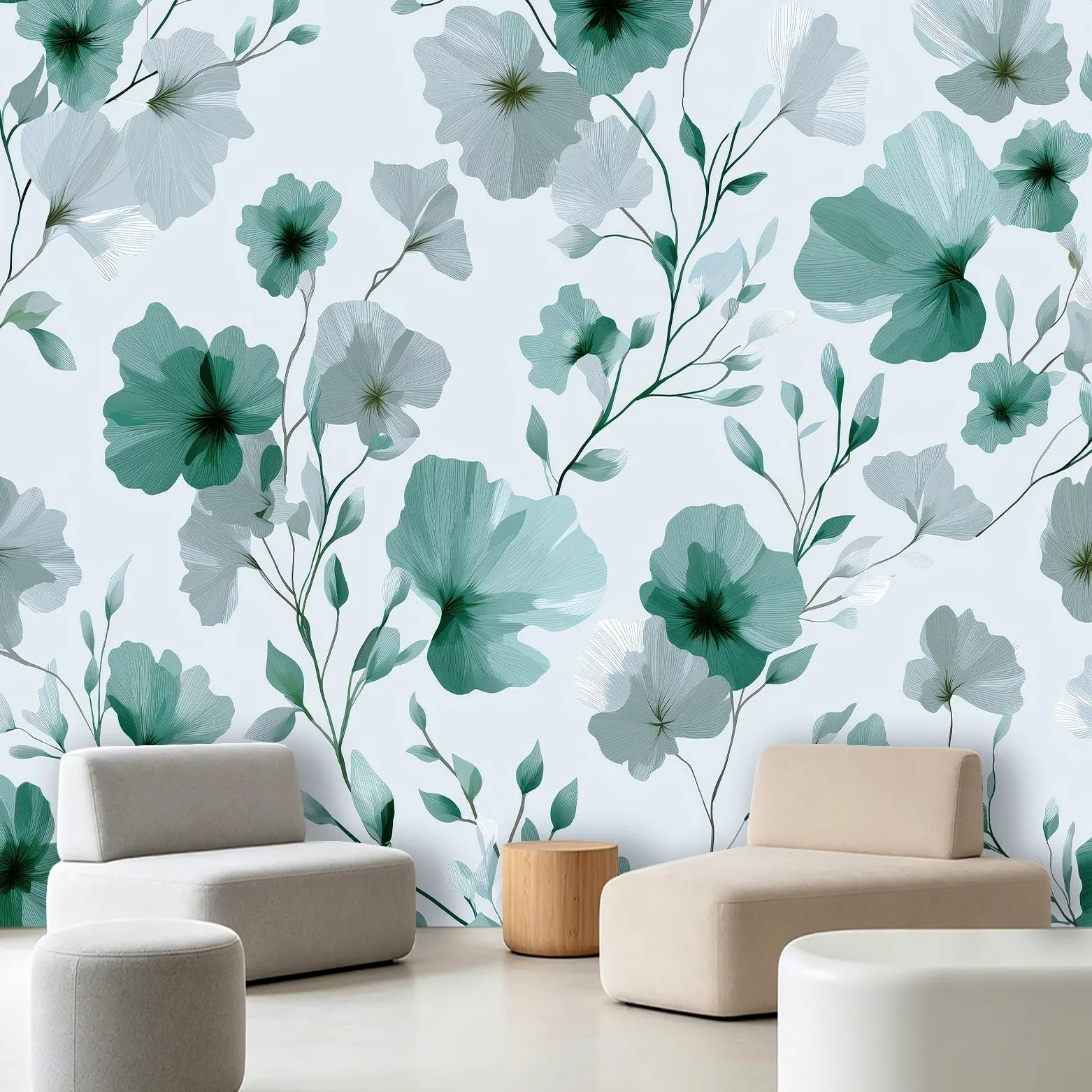 Carta da parati fotografica con motivo botanico scandinavo, 250 x 175 cm (larghezza x altezza), stampa artistica di alta qualità, decorazione per la casa, fai da te, fiori e foglie verdi, per bagno