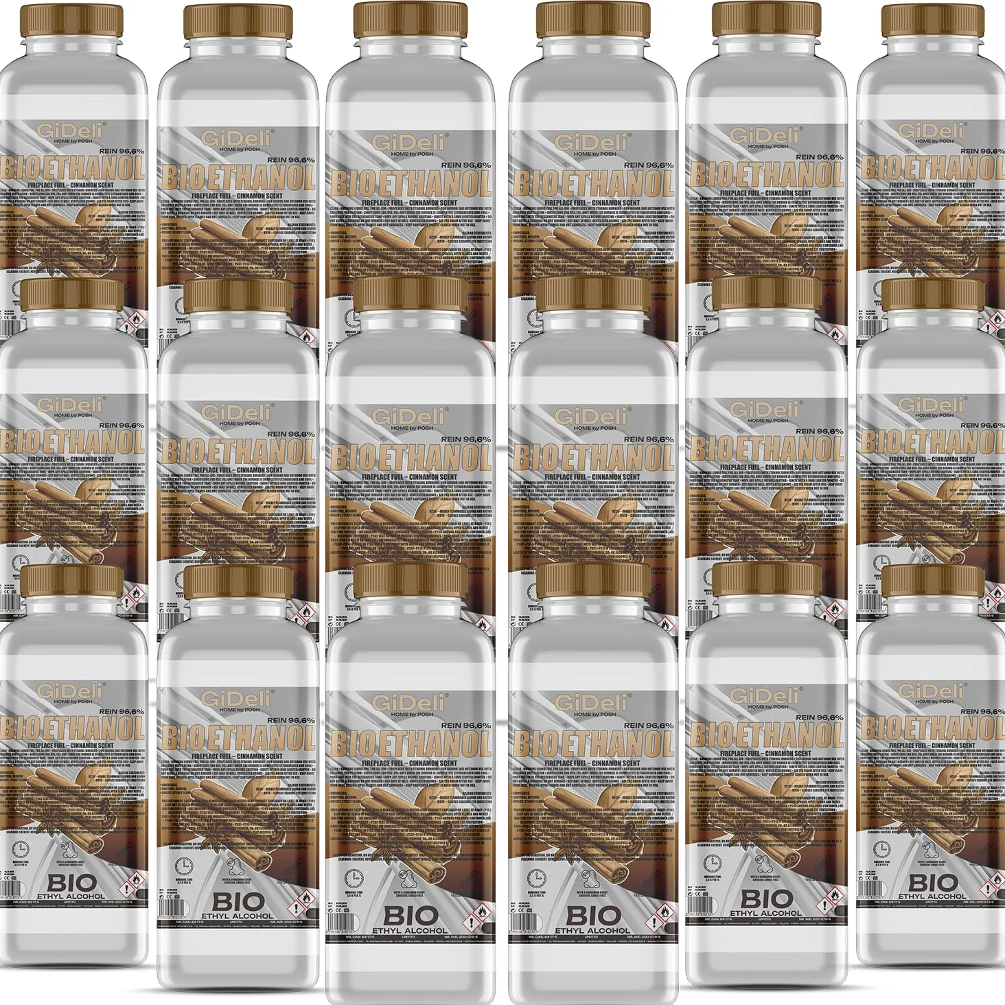 GiDeli bioetanolo 18 x 1 l con profumo di cannella 96,6% etanolo per camini interni ed esterni, senza fumo e fuliggine – da mais e barbabietola da zucchero